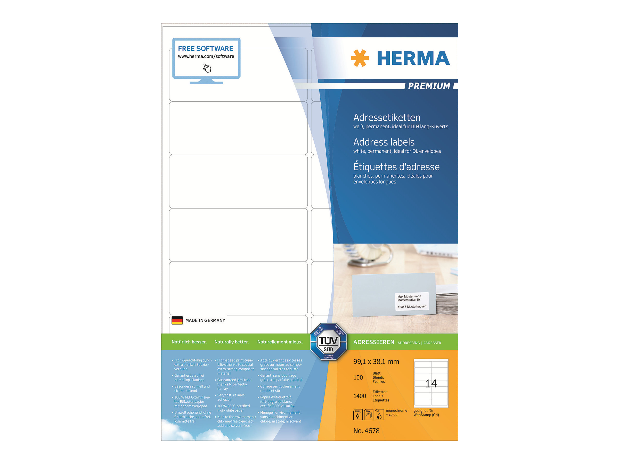 1.400 HERMA Etiketten 4678 weiÃ 99,1 x 38,1 mm