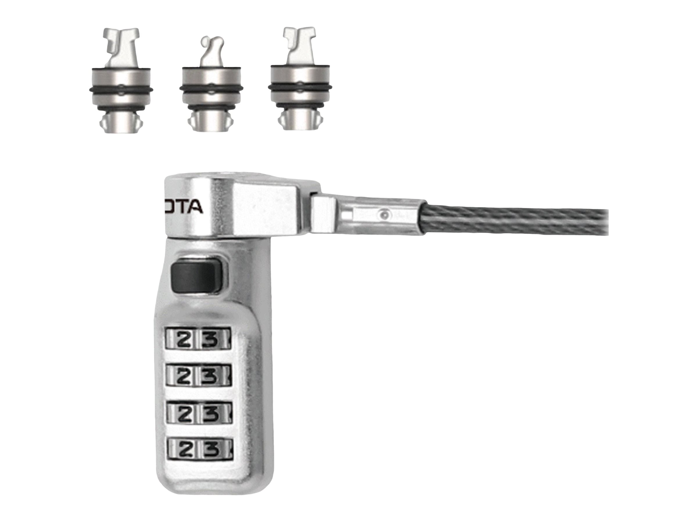 DICOTA Universal Security Cable Lock 3 Austauschbare Köpfe für alle Steckplätze mit voreingestelltem Code