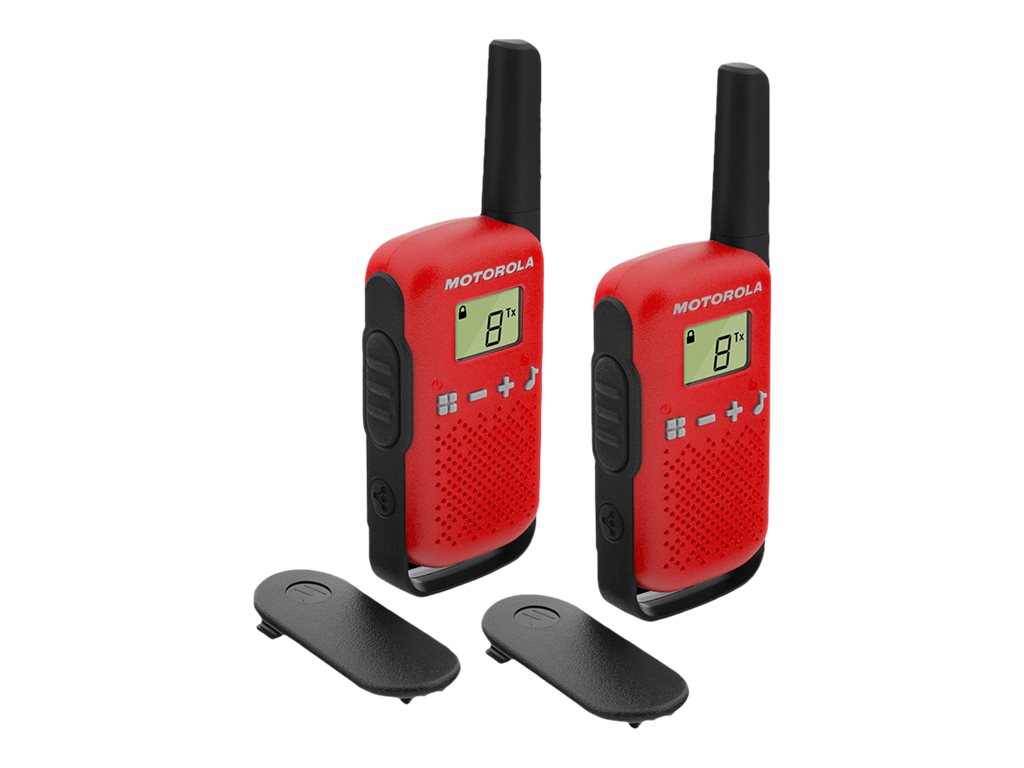 MOT Talkabout T42 Doppelpack Farbe rot HFG PMR446 Display inkl 2 Funkgeraete 2 Guertelclip 16 Aufkleber zum Personalisieren BDA