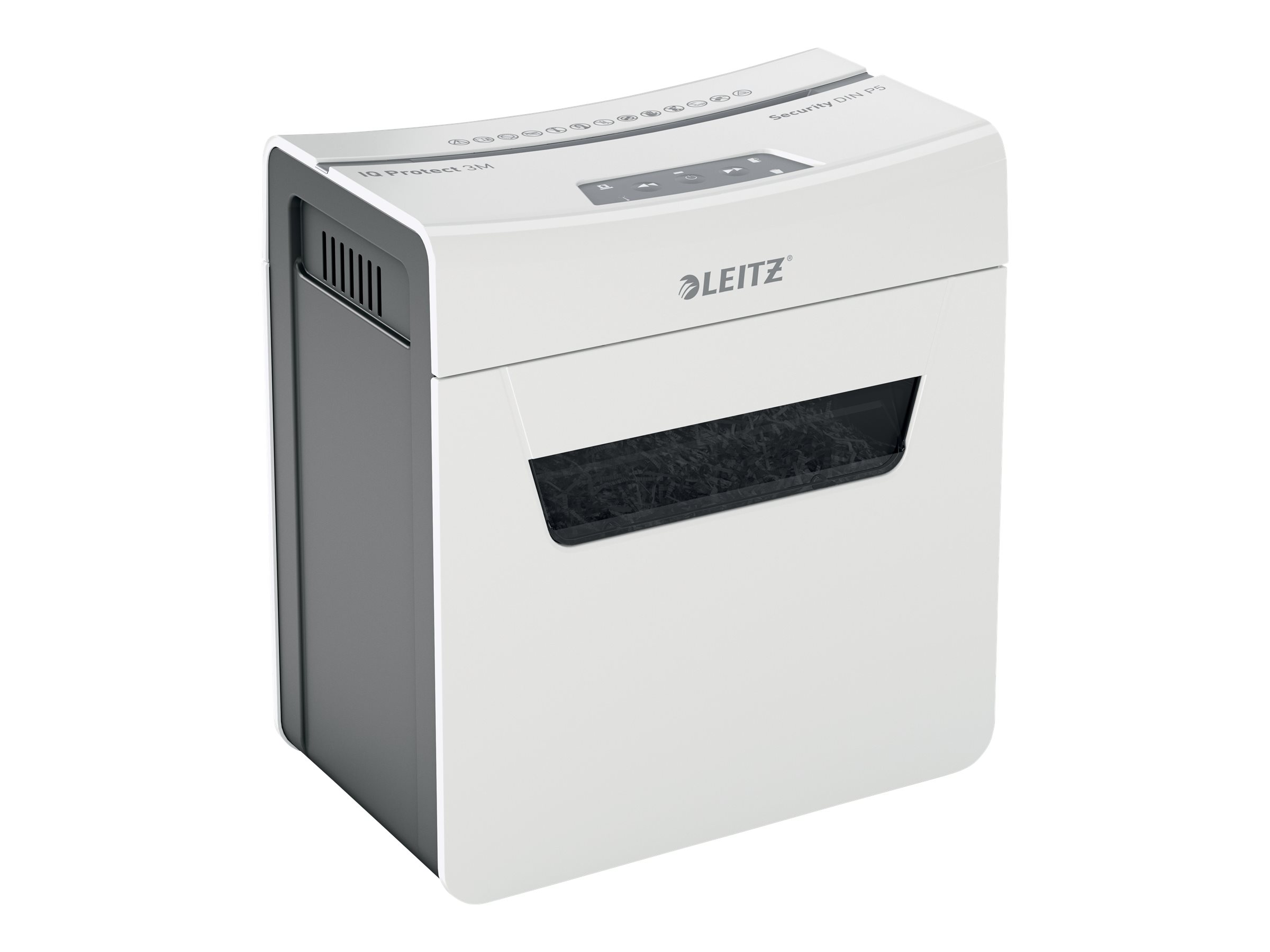 LEITZ IQ 3M Protect Premium Aktenvernichter mit Partikelschnitt P-5, 2 x 15 mm, bis 3 Blatt, weiss