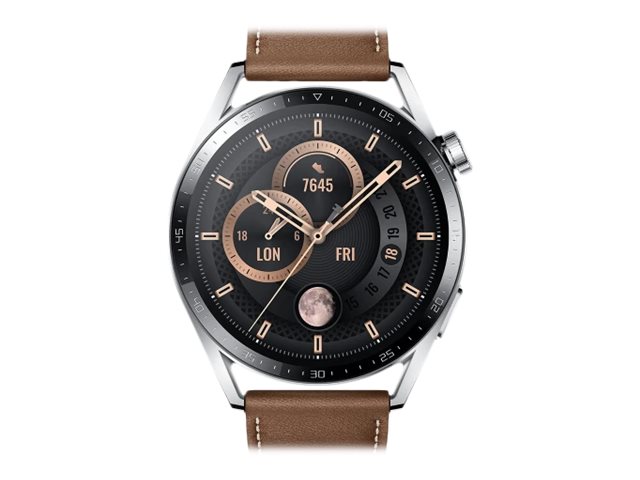 Huawei Watch GT 3 - Classic Edition - 46 mm - Silver Edelstahl - intelligente Uhr mit Riemen - Leder - braun - Handgelenkgröße: 140-210 mm - Anzeige 3.6 cm (1.43")
