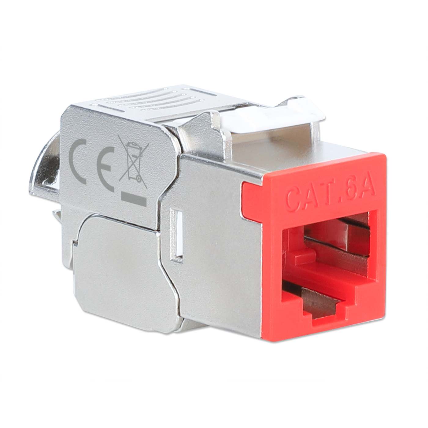 INTELLINET Cat6a 10G Slimline KeystoneModul STP werkzeuglos mit Rastclip fuer Massivdraht vergoldete Kontakte Metallgehaeuse rot