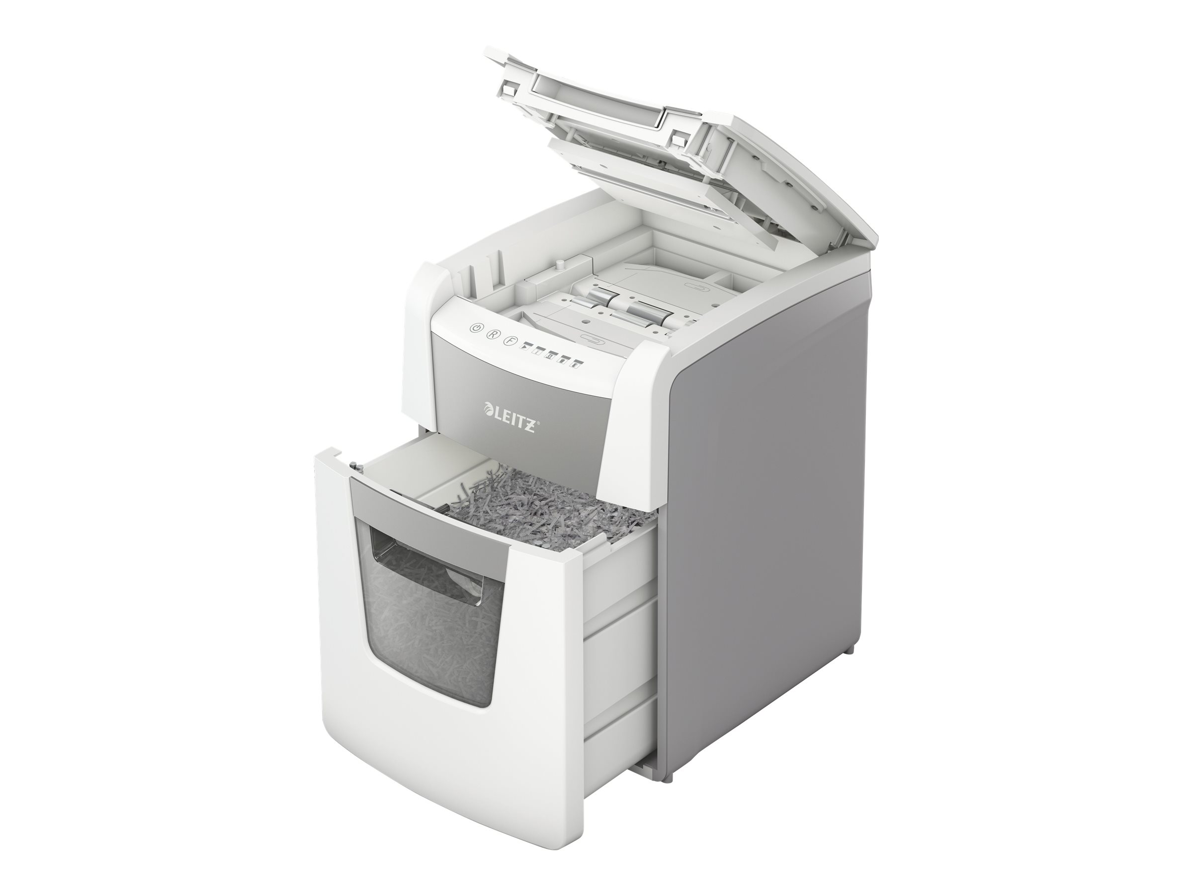LEITZ IQ Autofeed Small Office 100 Aktenvernichter mit Partikelschnitt P-4, 4 x 28 mm, bis 100 Blatt, weiss