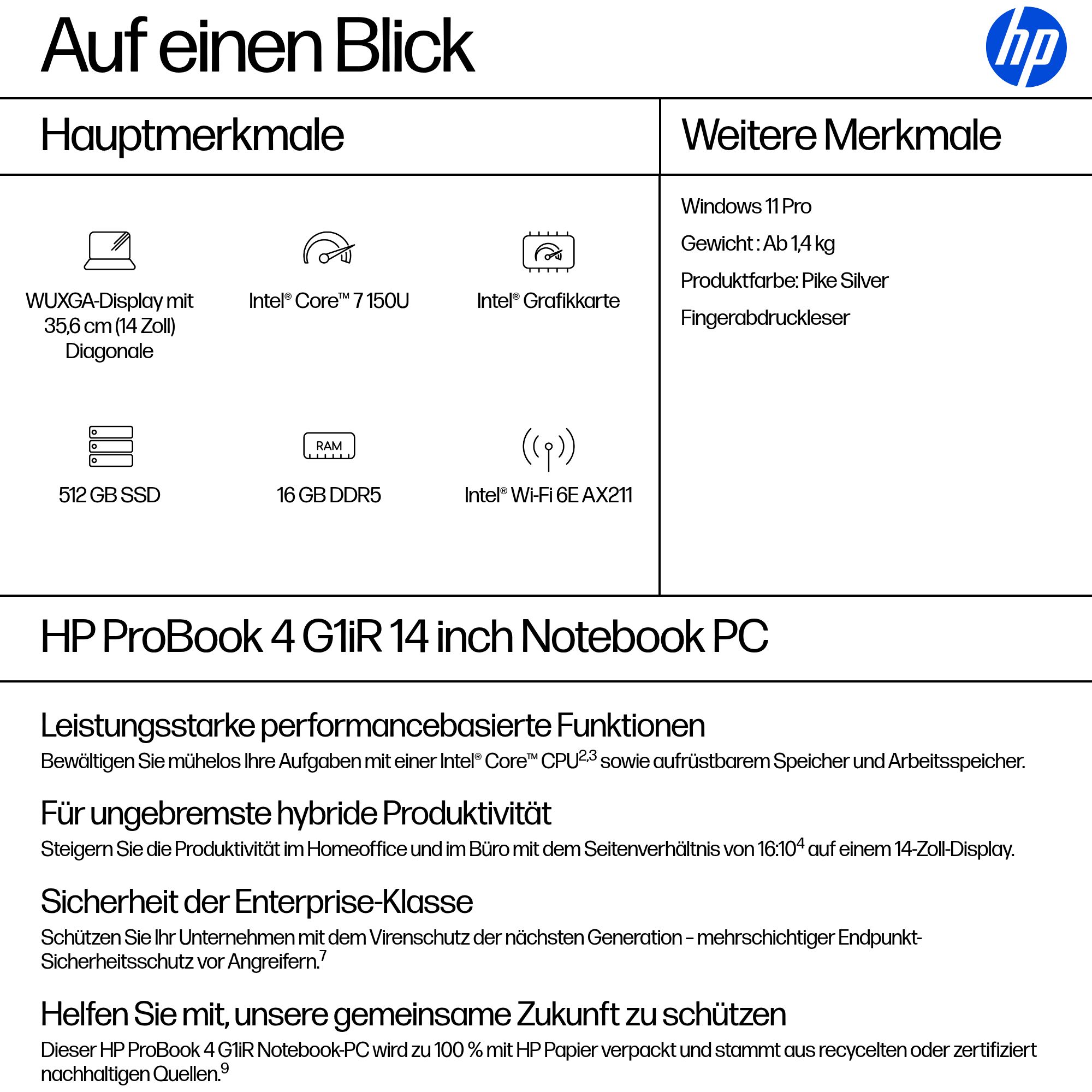 HP ProBook 4 G1iR 14 Zoll Intel Core 7 150U 16GB 512GB SSD