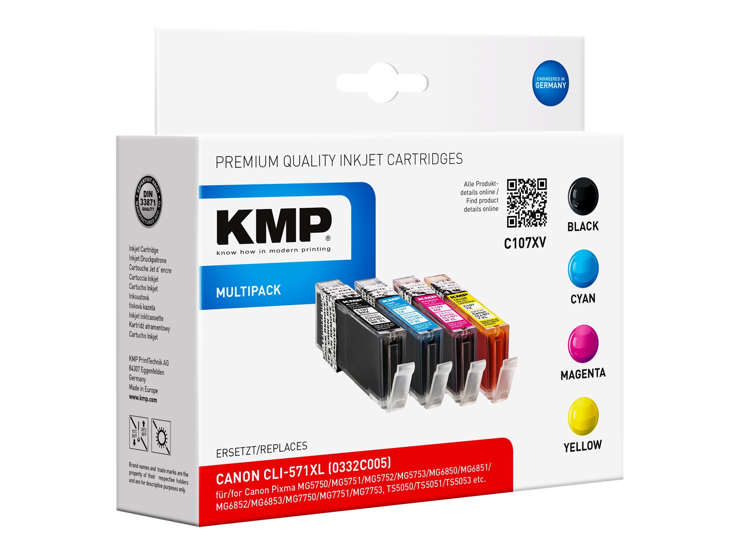 KMP C107XV  schwarz, cyan, magenta, gelb Druckerpatronen kompatibel zu Canon CLI-571 XL BK/C/M/Y, 4er-Set