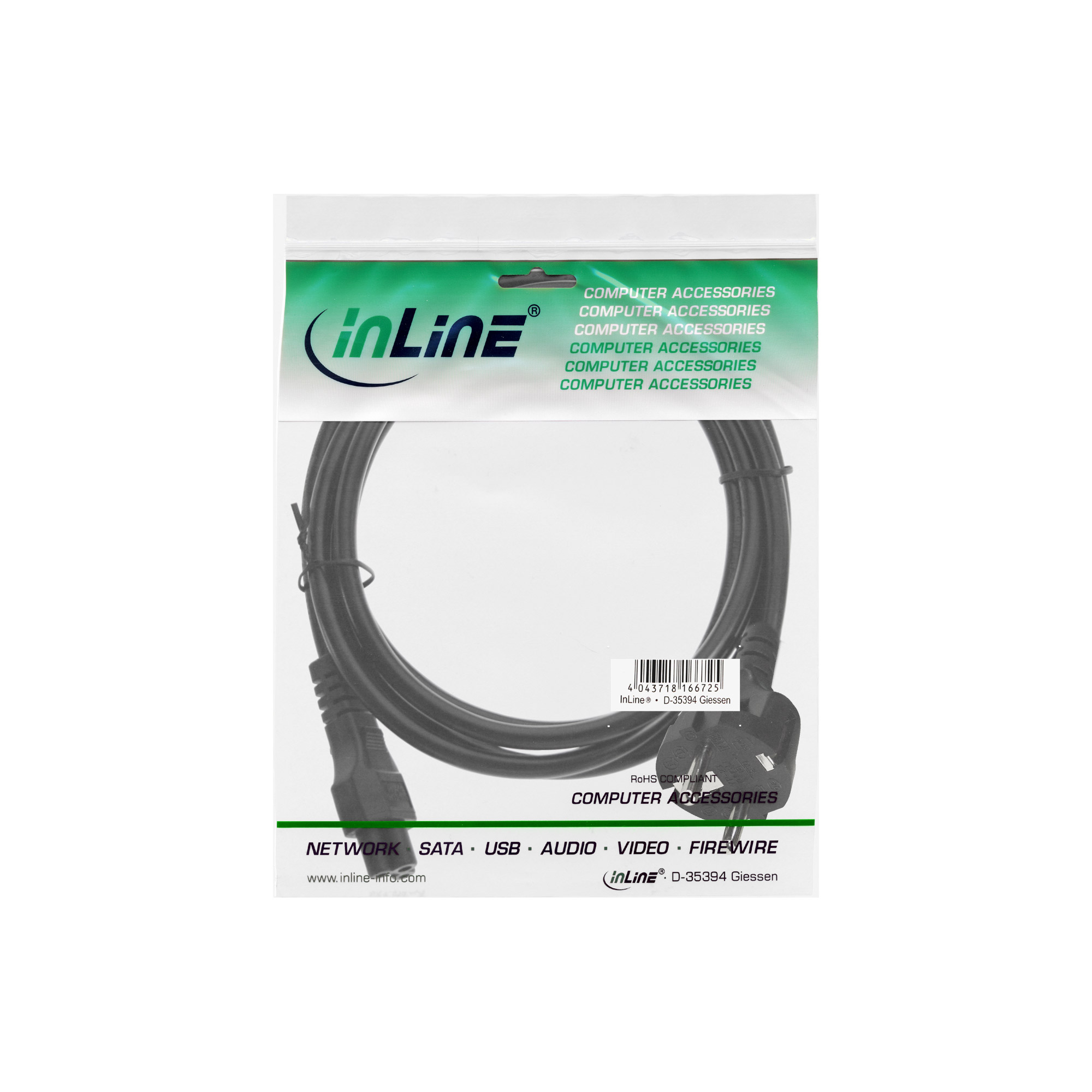 INLINE Netzkabel fuer Notebook 3pol Kupplung schwarz 1,8m