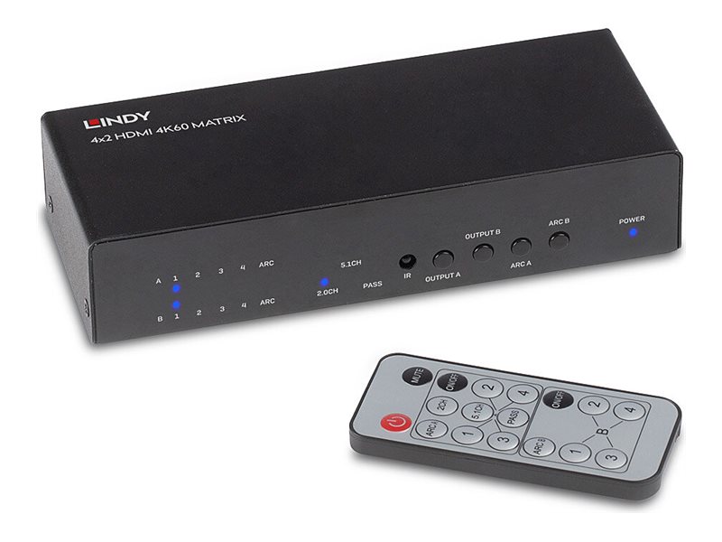 LINDY 4x2 HDMI 2.0 4K 18G Matrix Switch with Audio Extractor Optical Out or 3.5mm Jack 4K 3840x2160at60Hz 4:4:4 8bit