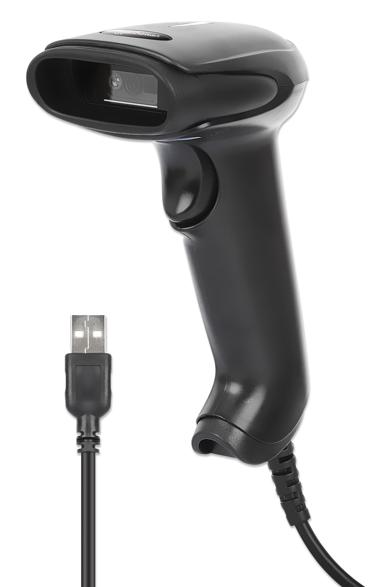 MANHATTAN 2D LEDBarcodescanner 320 mm Scanreichweite integriertes 1,4 m USBAKabel 100 ScansSekunde 100K Lux Handscanner schwarz