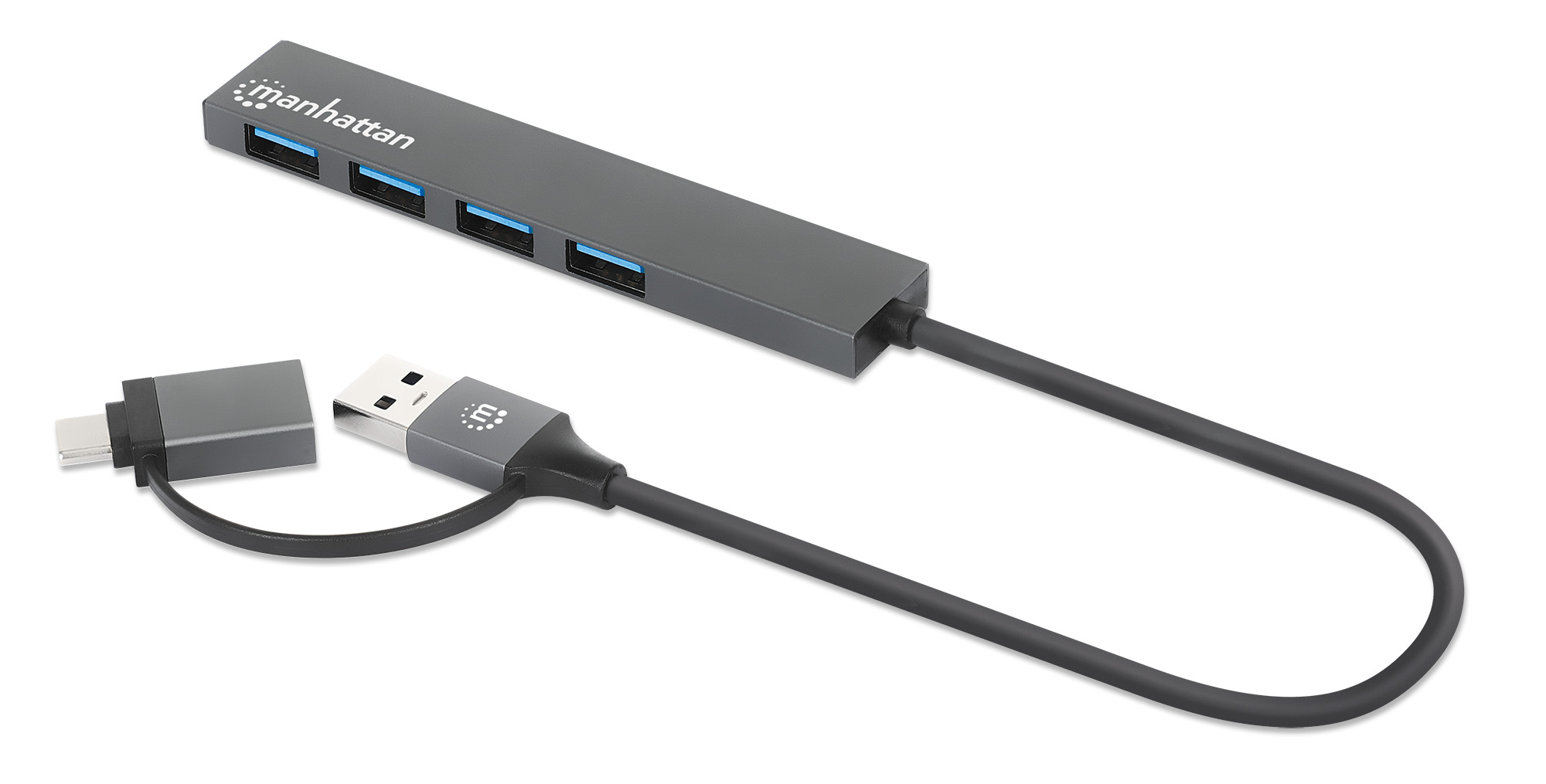 MANHATTAN 4Port USB 30 TypCA Hub USBC und USBAStecker auf 4x USBABuchsen 5 Gbits USB 32 Gen 1 Strom über USB Space Grau