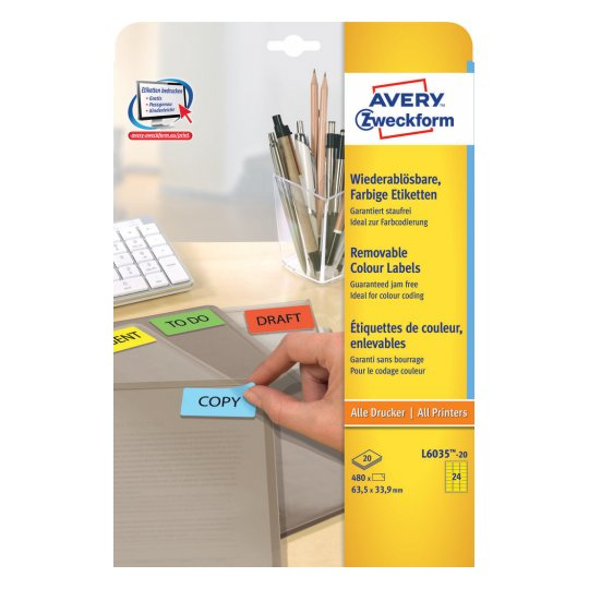 480 AVERY Zweckform Etiketten L6035-20 gelb 63,5 x 33,9 mm