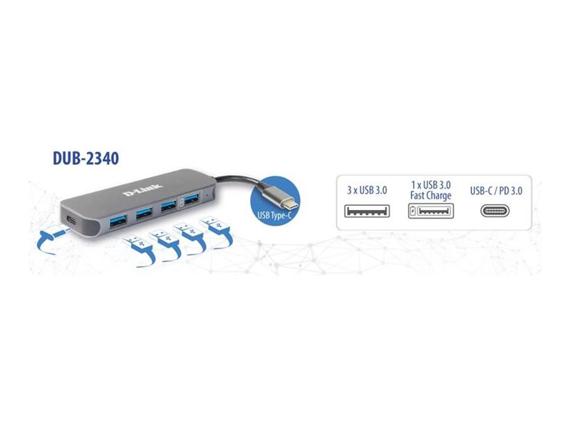 D-LINK DUB-2340 USB-C-Hub mit 4 USB-3.0-Ports inklusive Ladefunktion 3x USB-A 1x USB-C Thunderbolt 3