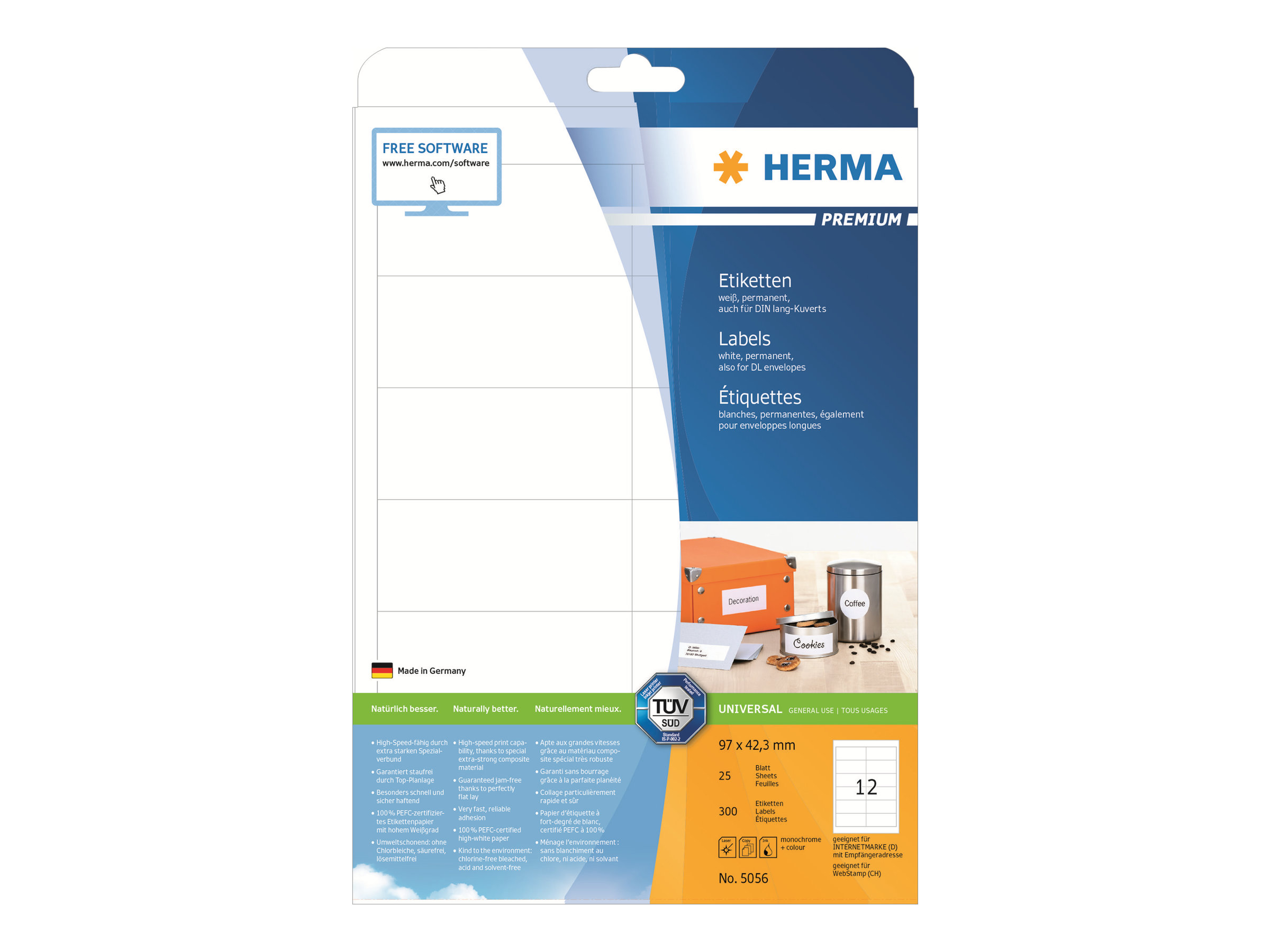 HERMA Etiketten 5056 weiß 97,0 x 42,3 mm, 25 Blatt