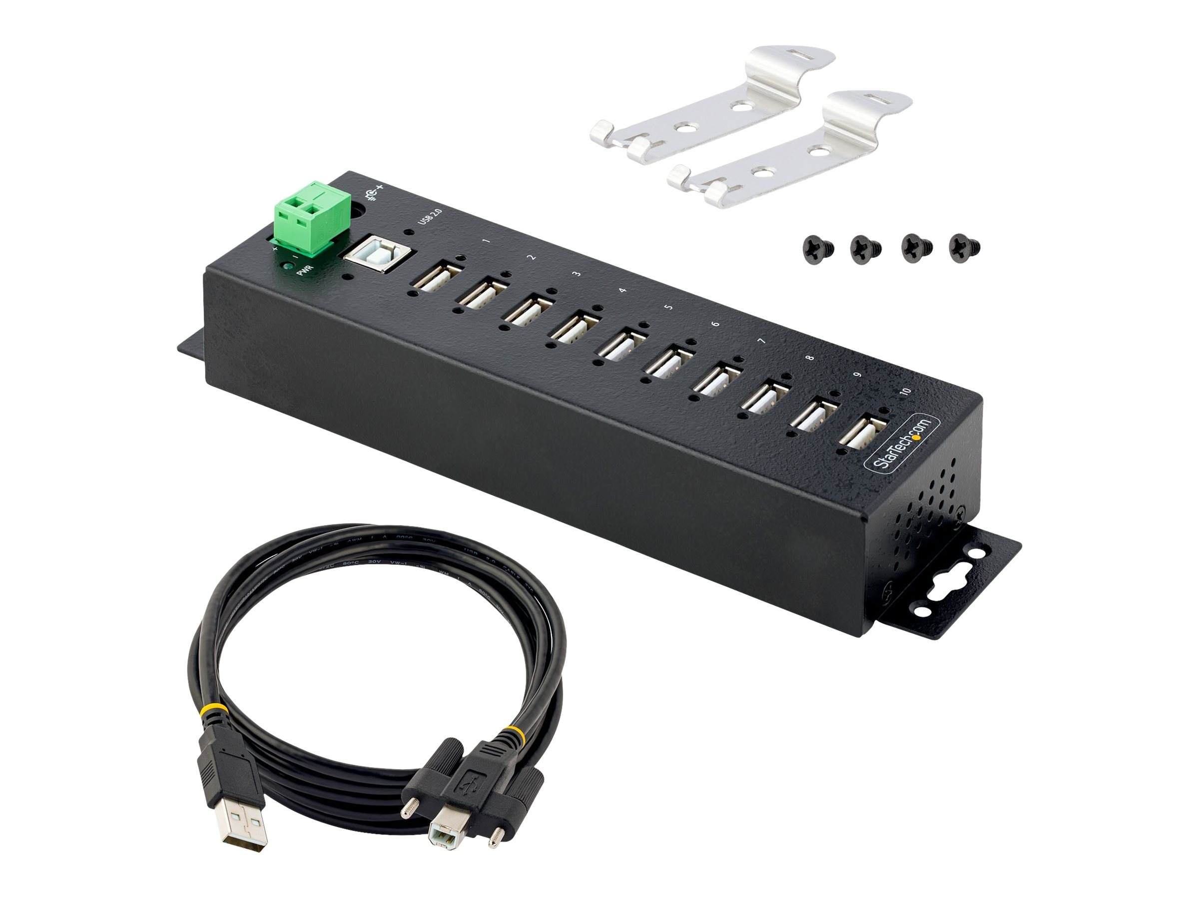 StarTech.com 10-Port Industrial USB 2.0 Hub, Rugged USB Hub w/15kV Air/8kV Contact ESD Level 4 Protection, DIN/Wall/Desk Mountable USB-A Hub, Multiport USB Hub with Locking Ports - Metal Construction (USB210AIND-USB-A-HUB) - Hub - industriell - 10 Anschlü