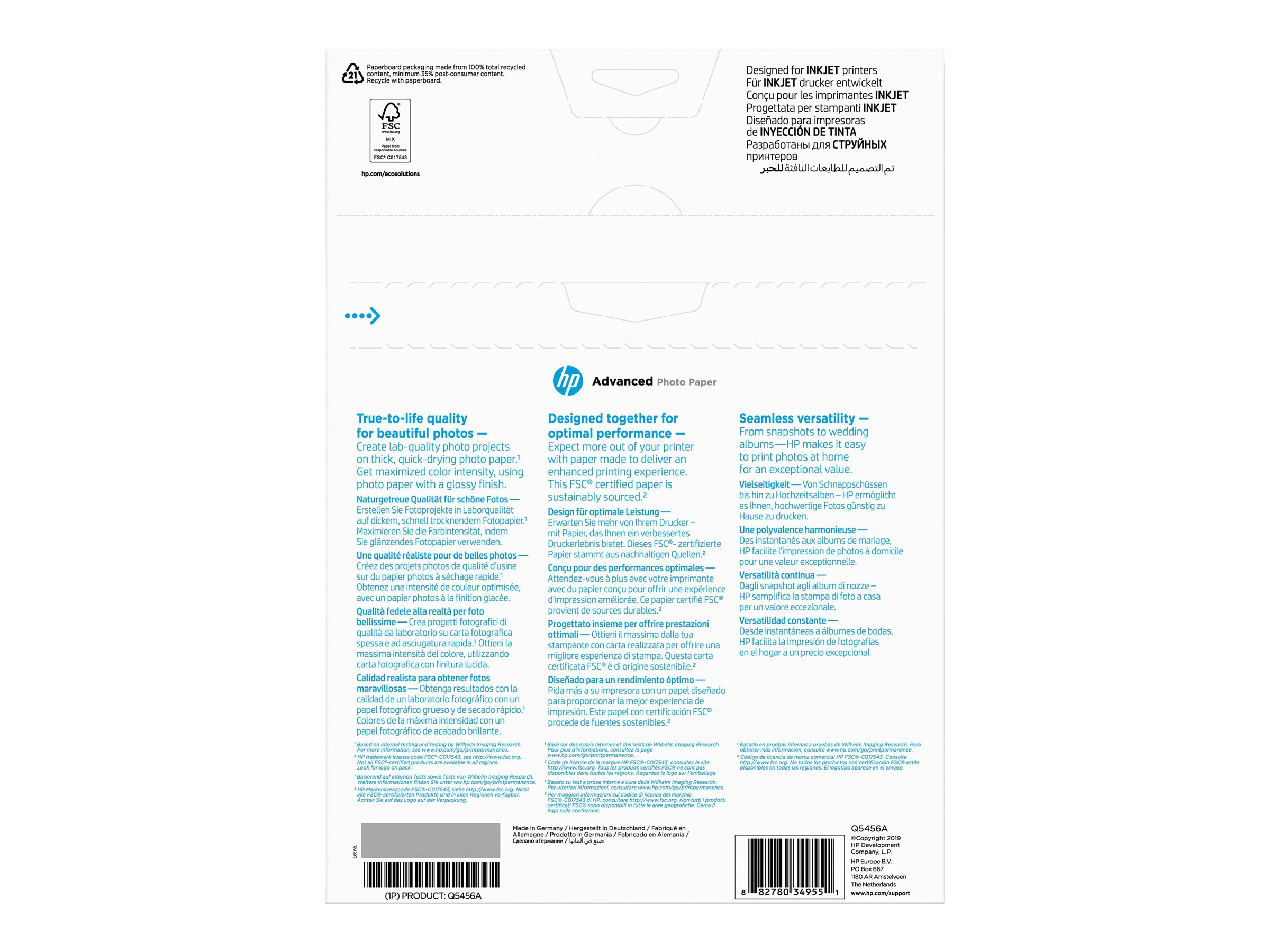HP Fotopapier Q5456A DIN A4 glÃ¤nzend 250 g/qm 25 Blatt