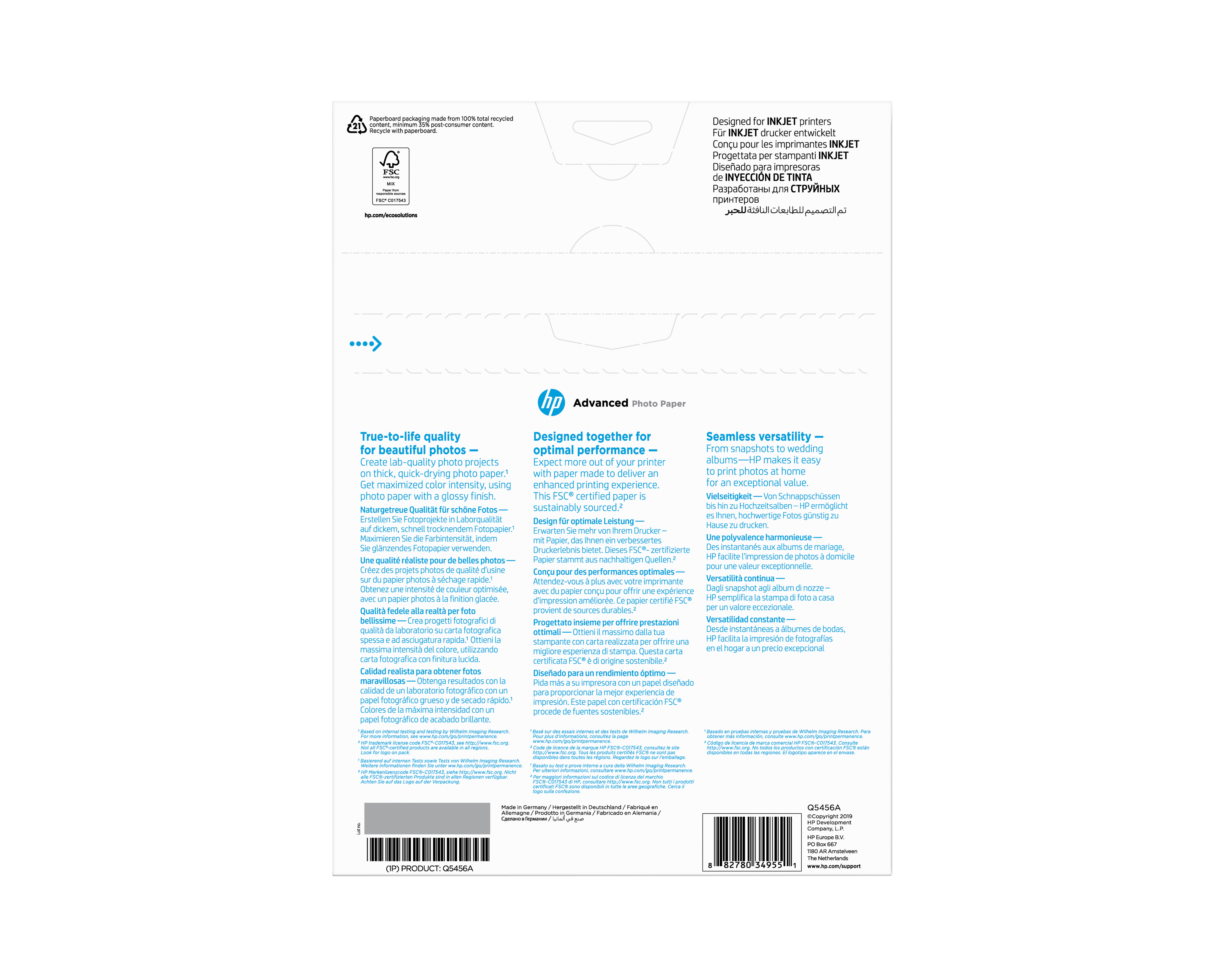 HP original Q5456A Advanced glossy photo paper Ink cartridge 250gm2 A4 25 sheets 1pack