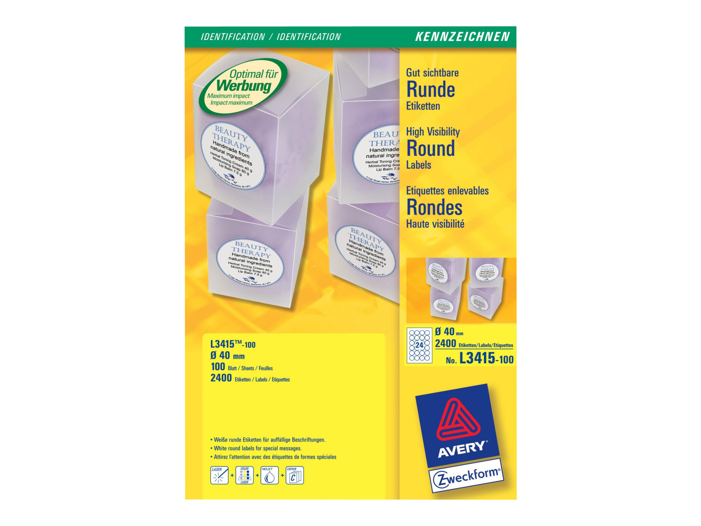2.400 AVERY Zweckform Etiketten L3415-100 weiss 40,0 x 40,0 mm 2.400 AVERY Zweckform Etiketten L3415-100 weiss 40,0 x 40,0 mm
