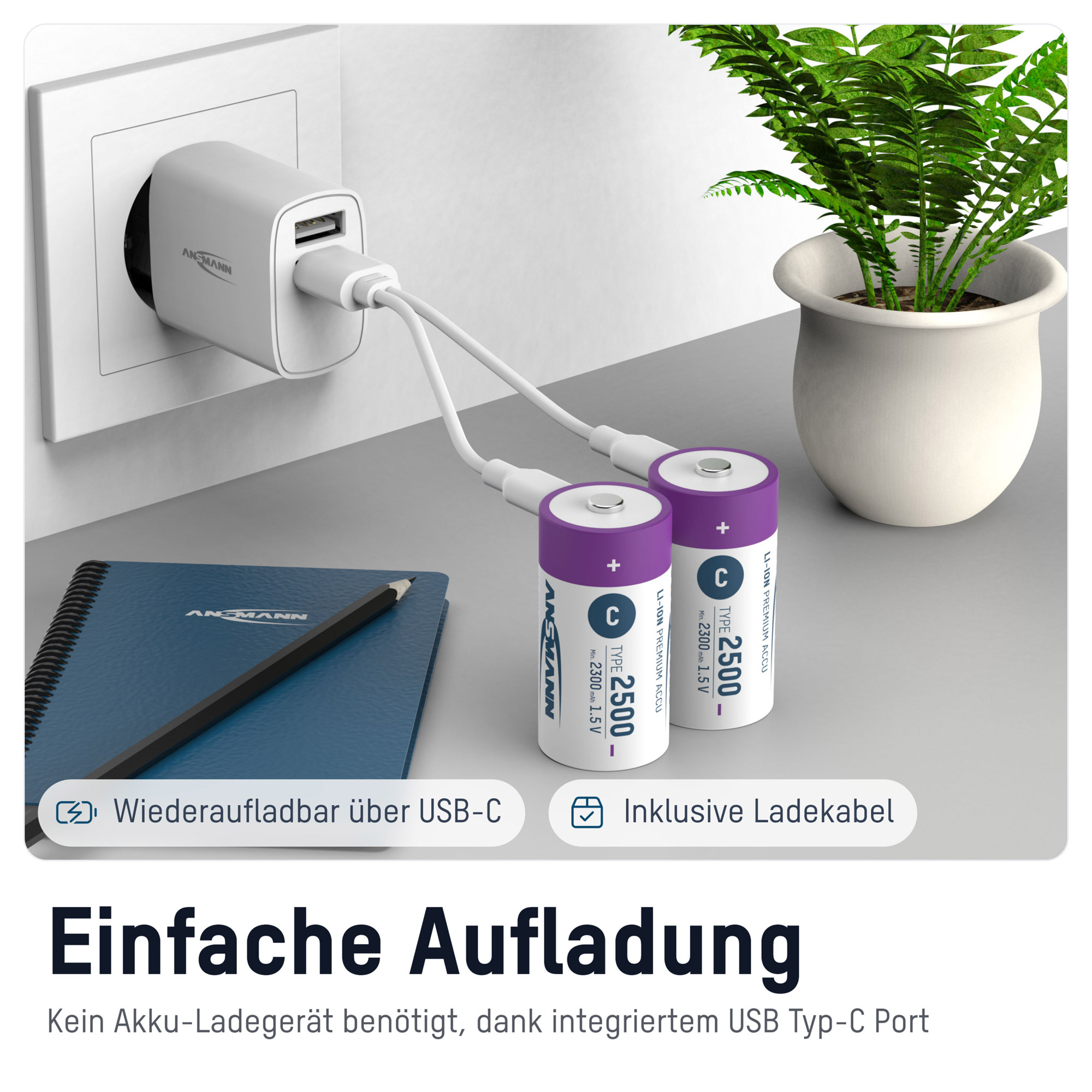 2 ANSMANN USB-Akkus mit Ladekabel 2500 Baby C 2.300 mAh