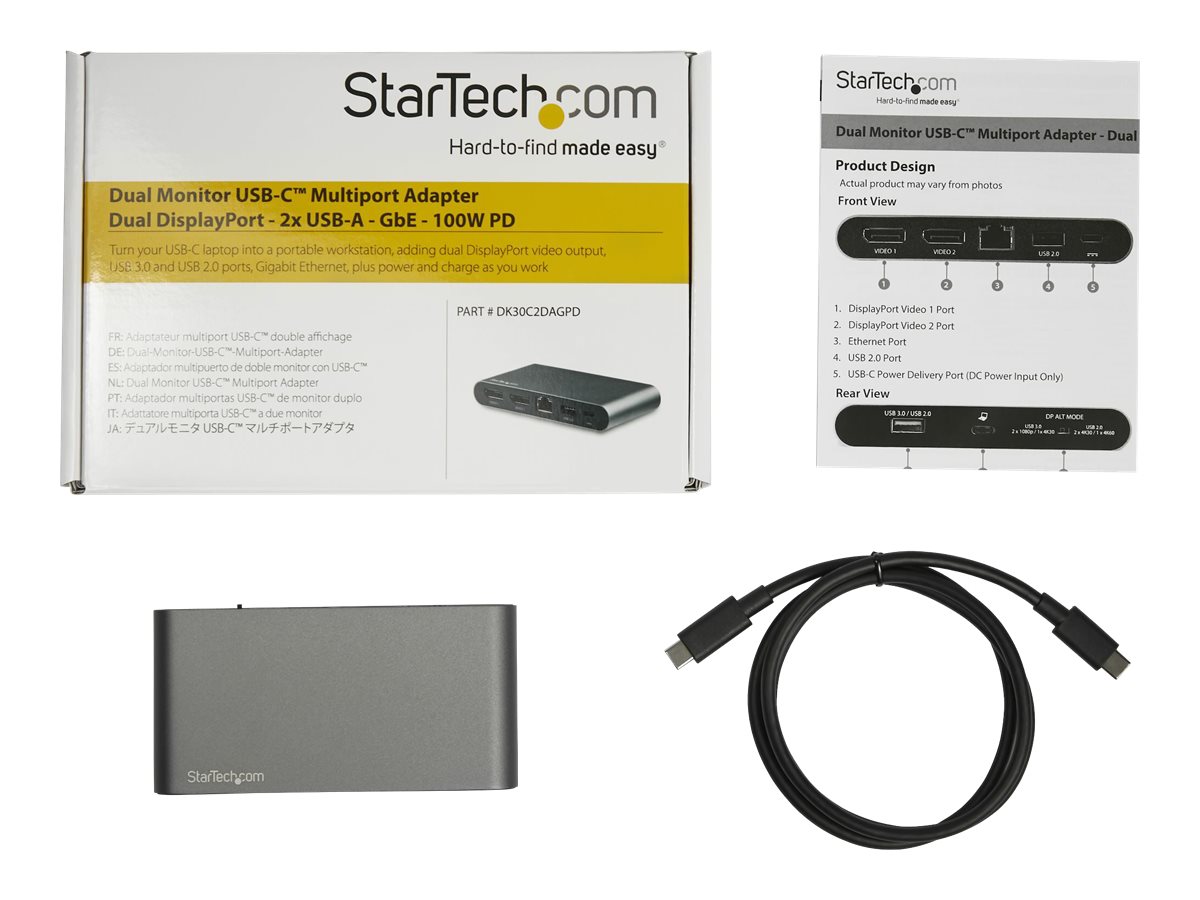 STARTECH.COM Dual Monitor USB-C Multiport Adapter - Windows - 2 x 4K DP - 100W PD 3.0 - GbE? - DP Alt Mode Switch