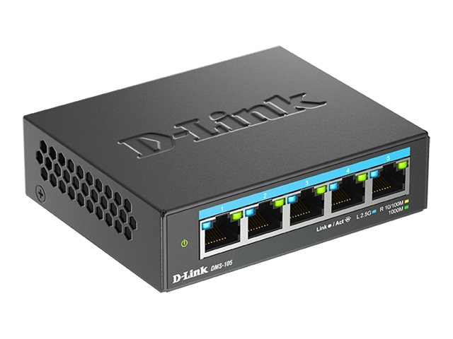 D-LINK DMS-105 5-Port Multi-Gigabit unmanaged Switch 5x 2.5G Ethernet Ports 802.3x Metallgehäuse ohne Lüfter Wi-Fi 6 IGMP D-LINK DMS-105 5-Port Multi-Gigabit unmanaged Switch 5x 2.5G Ethernet Ports 802.3x Metallgehäuse ohne Lüfter Wi-Fi 6 IGMP