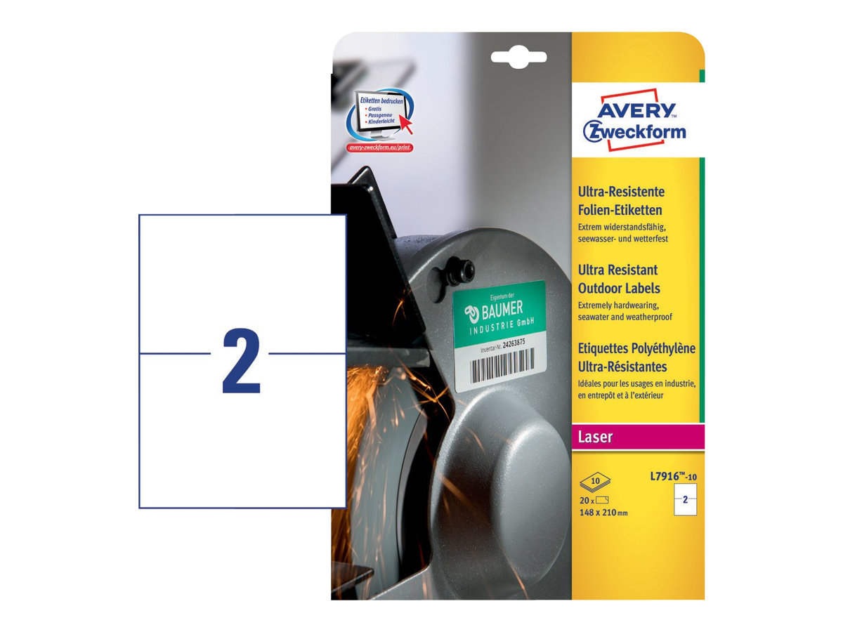 20 AVERY Zweckform resistente Folienetiketten L7916-10 weiss 210,0 x 148,0 mm 20 AVERY Zweckform resistente Folienetiketten L7916-10 weiss 210,0 x 148,0 mm