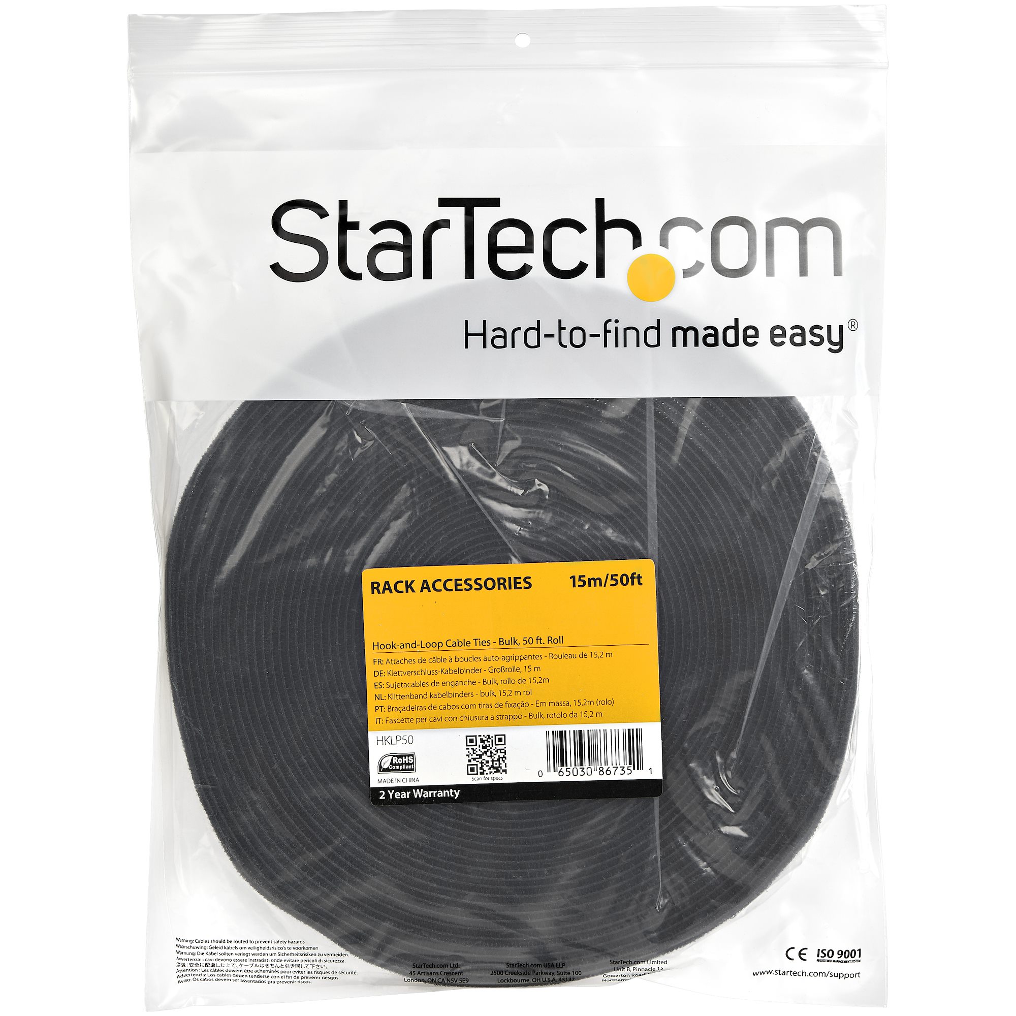 STARTECHCOM HookandLoop Cable Management Tie 50 ft Bulk Roll Black CuttoSize Cable Wrap Straps