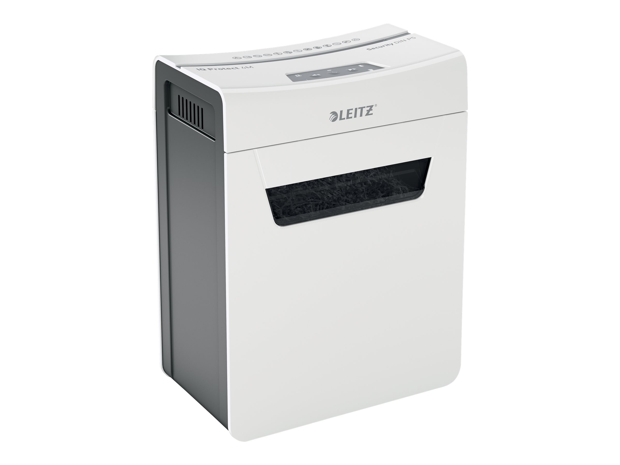 LEITZ IQ 4M Protect Premium Aktenvernichter mit Partikelschnitt P-5, 2 x 15 mm, bis 4 Blatt, weiss