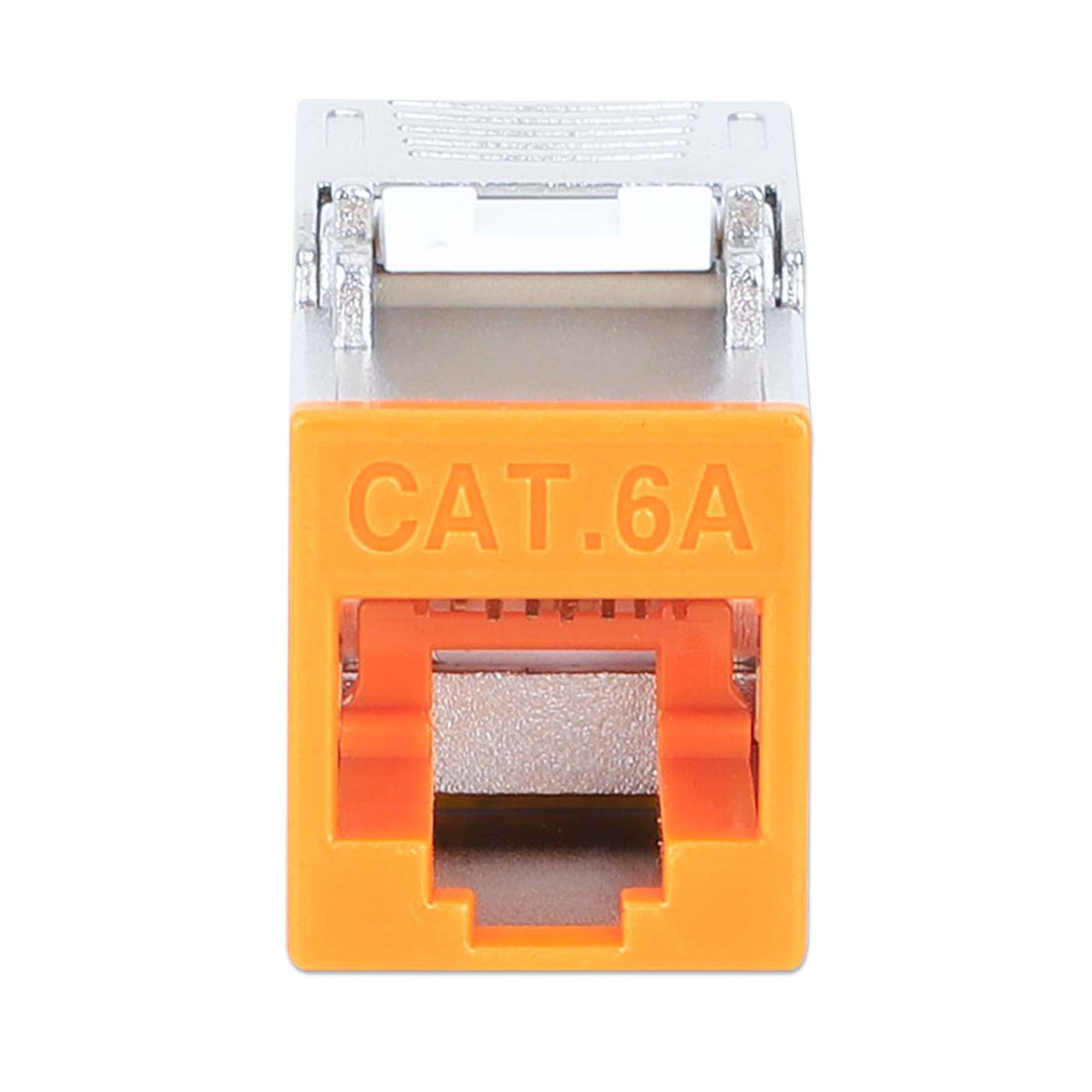 INTELLINET Cat6a 10G Slimline KeystoneModul STP werkzeuglos mit Rastclip für Massivdraht vergoldete Kontakte Metallgehäuse orange