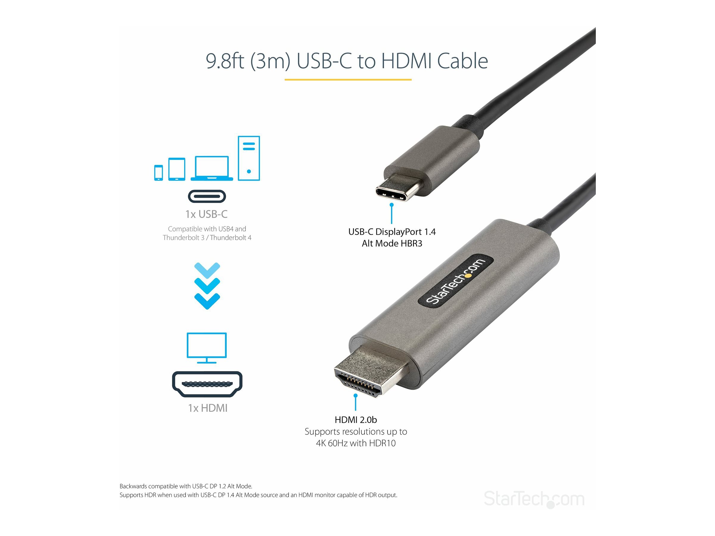 StarTech.com 3m USB-C auf HDMI Kabel 4K 60Hz mit HDR10 - Ultra HD Video Adapter Kabel - DP 1.4 Alt Mode HBR3 (CDP2HDMM3MH) - Adapterkabel - HDMI / USB - 3 m