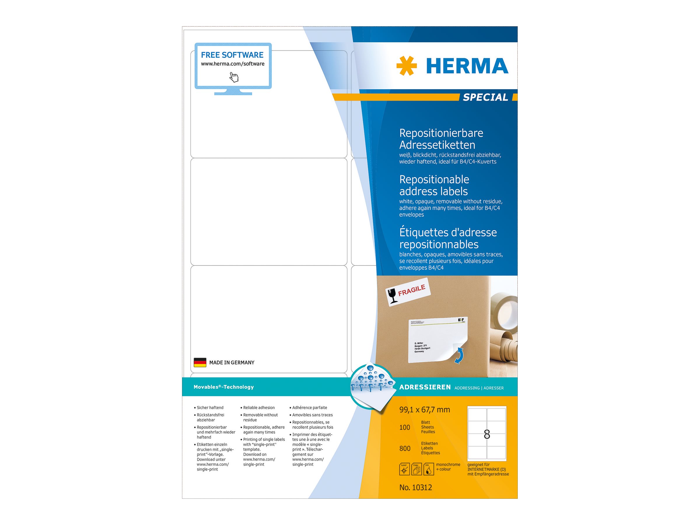800 HERMA Etiketten 10312 weiss 99,1 x 67,7 mm 800 HERMA Etiketten 10312 weiss 99,1 x 67,7 mm