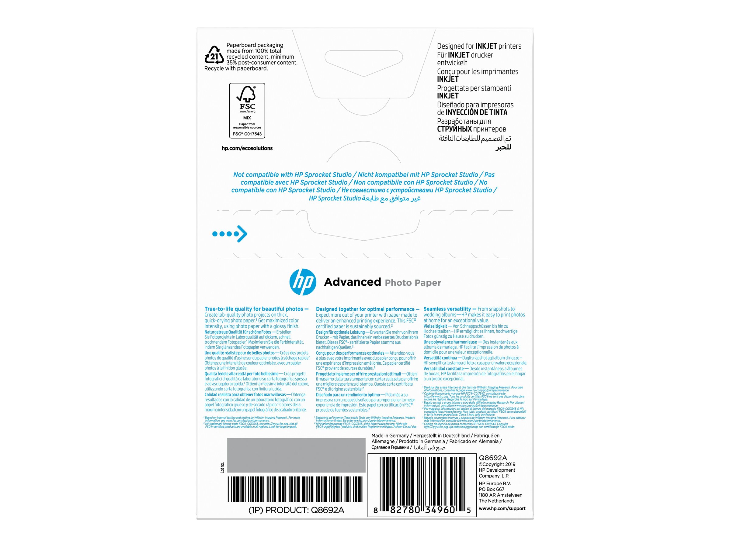 HP original Q8692A Advanced glossy photo paper Ink cartridge 250g/m2 100x150mm 100 sheets 1-pack borderless