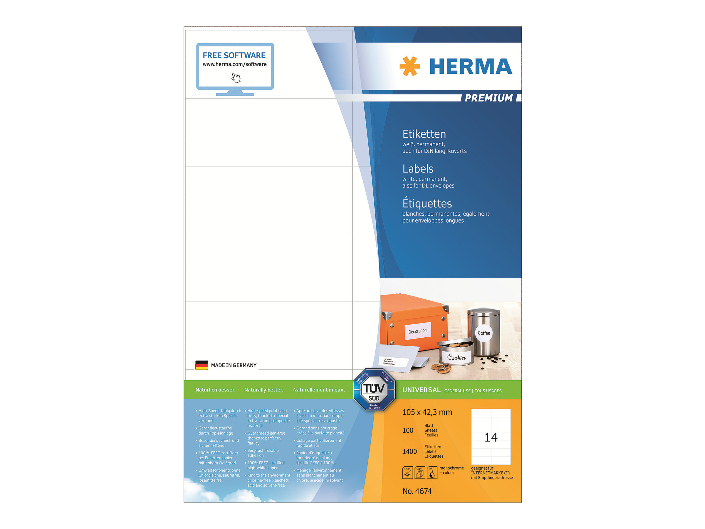 1.400 HERMA Etiketten 4674 weiß 105,0 x 42,3 mm