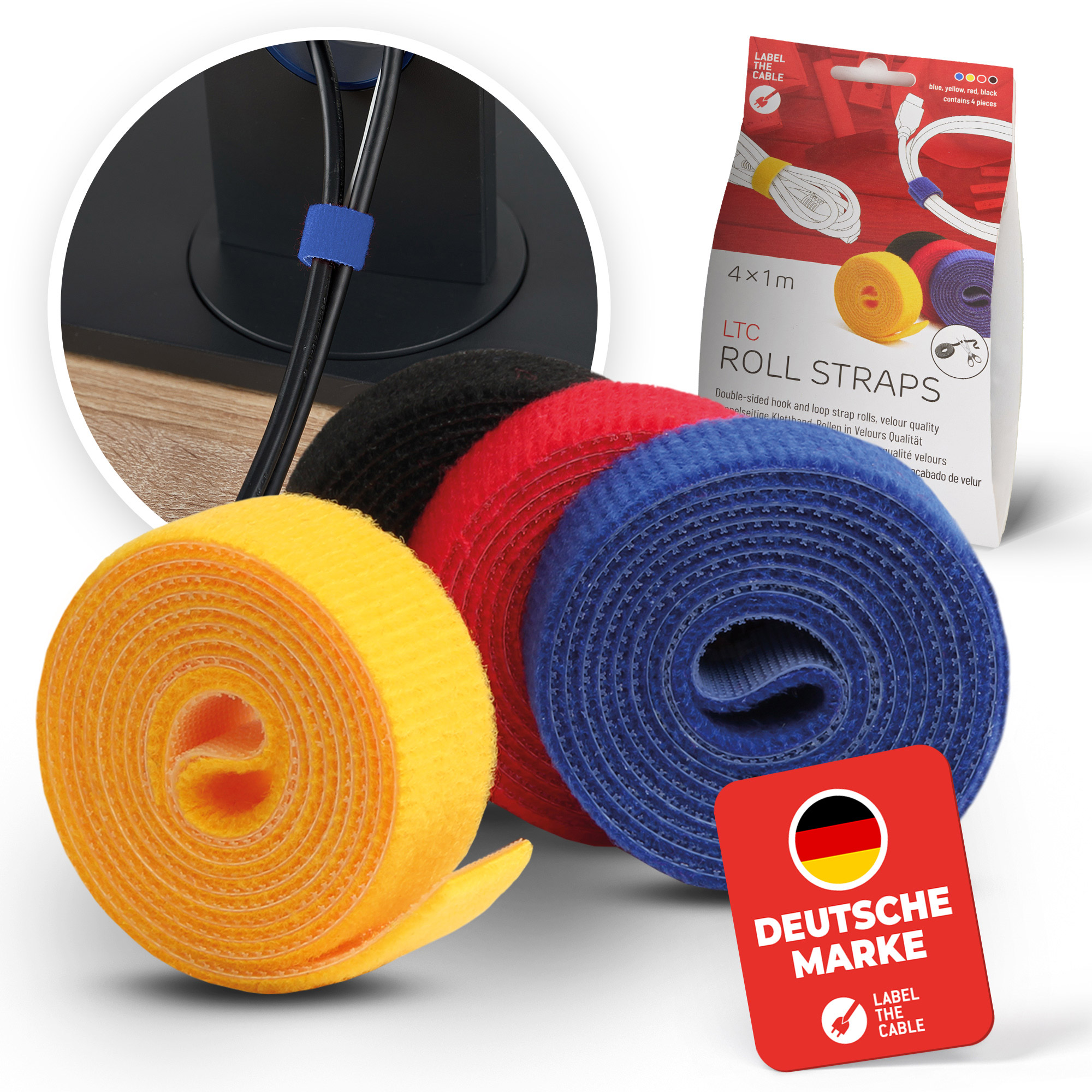 LABEL THE CABLE Klettband ROLL STRAPS farbsortiert 1,0 m x 1,6 cm, 4 St