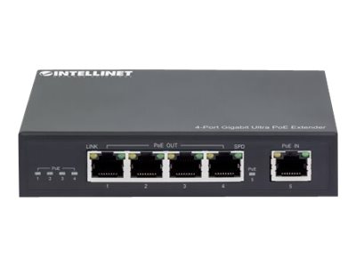 INTELLINET 4-Port Gigabit Ultra PoE-Extender Verlaengert PoE-Reichweite um 100m PoE-Strombudget 90W 4x PSE-Ports IEEE 802.3bt/at/af