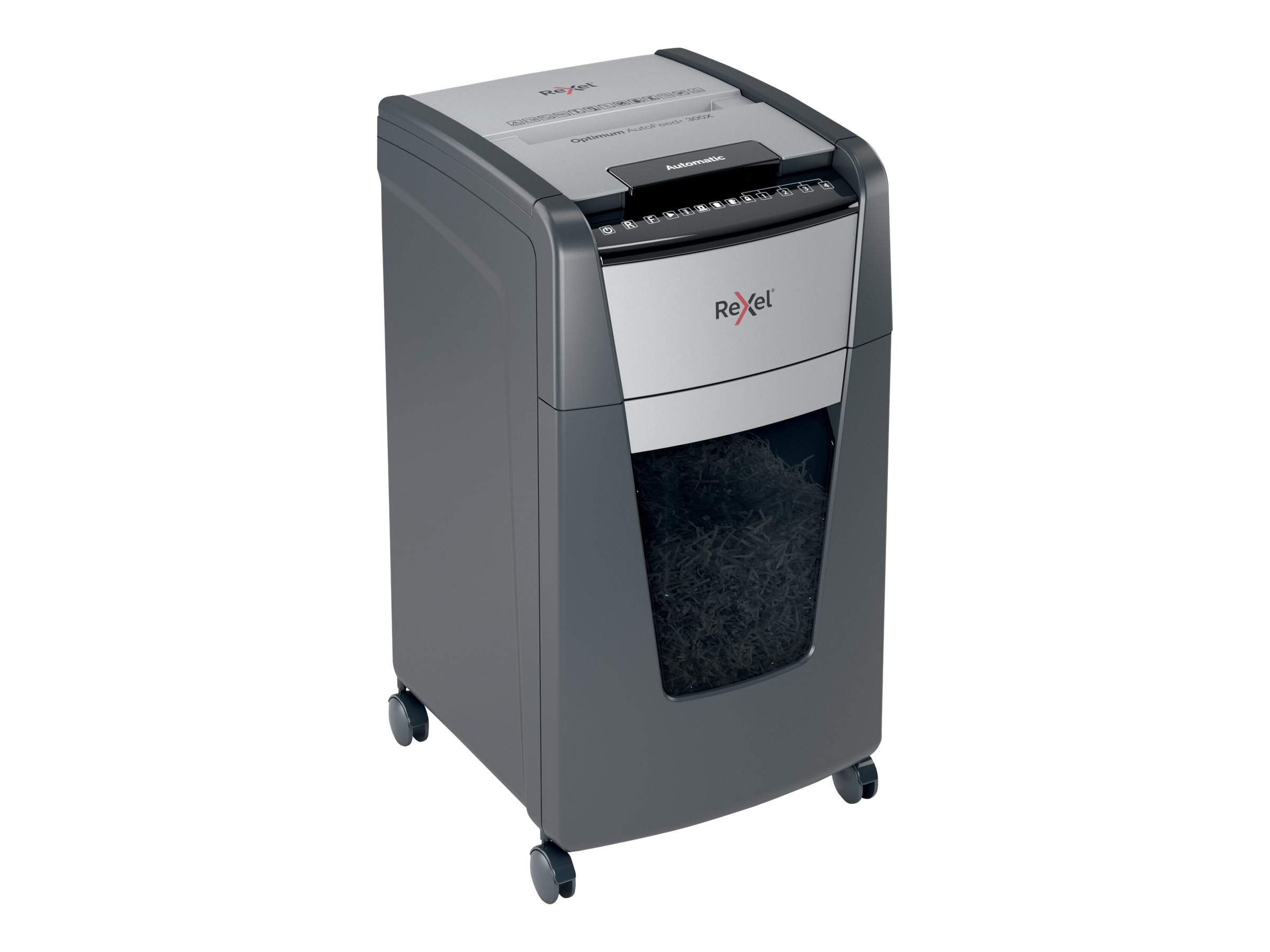 AKTION Rexel Optimum AutoFeed 300X Aktenvernichter mit Partikelschnitt P4, 4 x 26 mm, bis 300 Blatt, schwarz mit 60 Euro CashBack