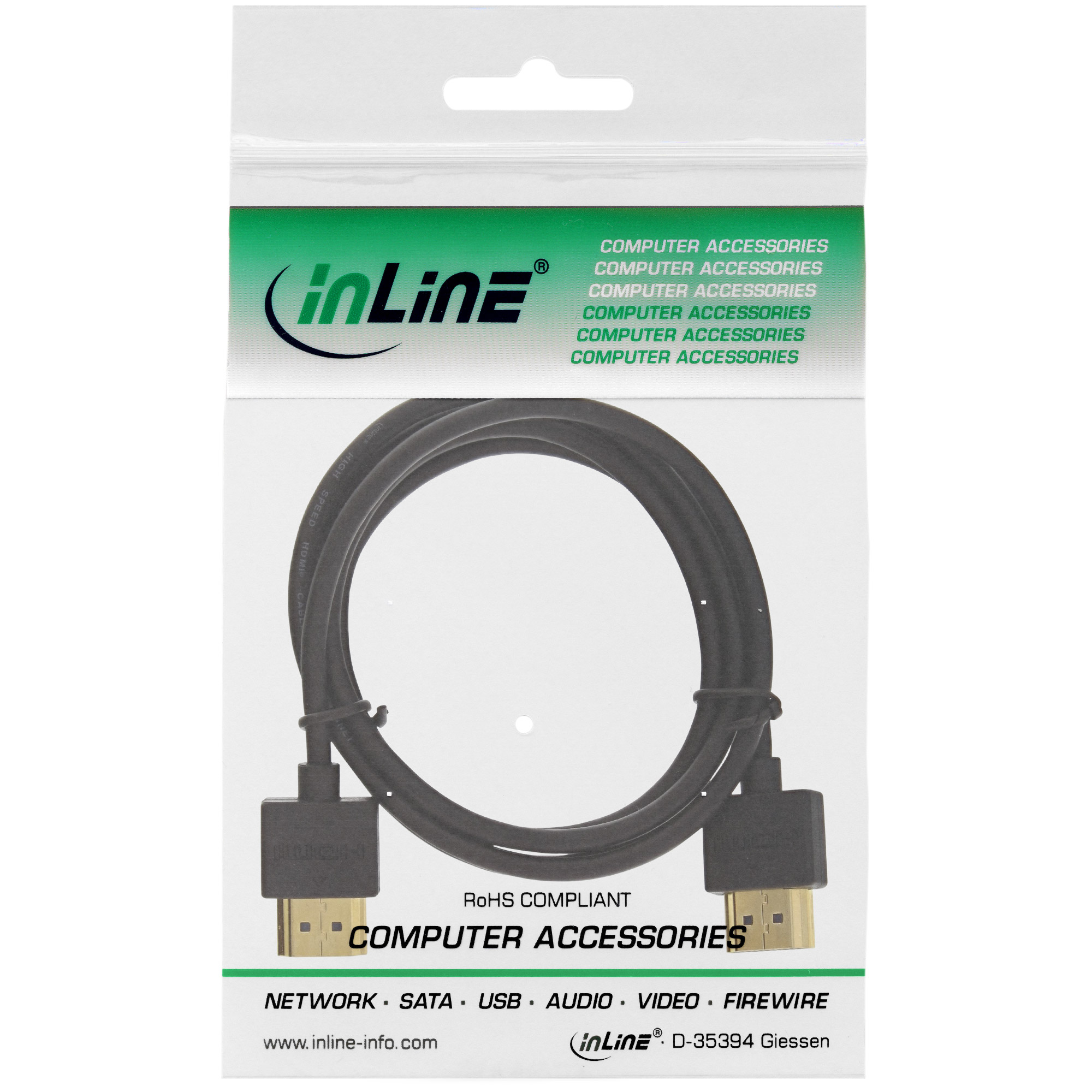 INLINE HDMI HighSpeed Superslim Kabel mit Ethernet St/St vergoldete Kontakte schwarz 1,8m