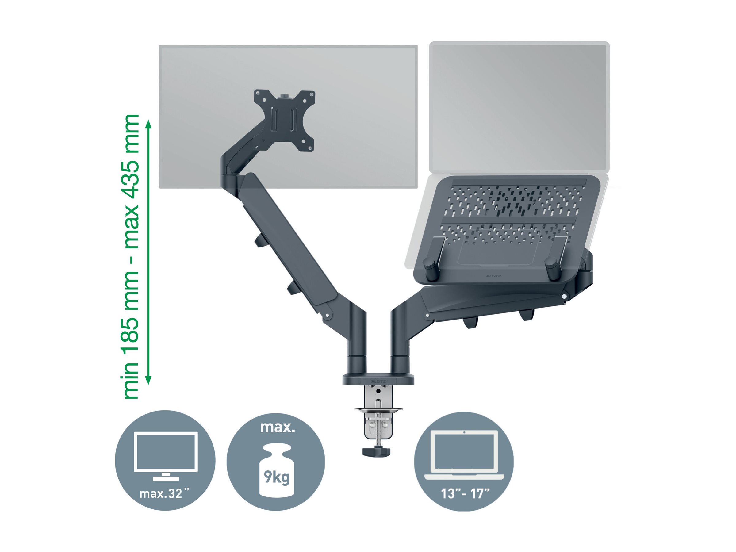 LEITZ Notebook-Monitor-Halterung Ergo 65380089 dunkelgrau fuer 1 Monitor und 1 Laptop, Tischklemme LEITZ Notebook-Monitor-Halterung Ergo 65380089 dunkelgrau fuer 1 Monitor und 1 Laptop, Tischklemme
