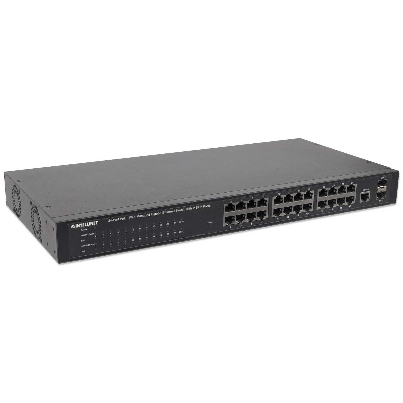 INTELLINET 24Port PoE Gigabit Switch WebManaged 2 GBIC SFP Ports Ausgangsleistung bis zu 30 Watt pro Port PoE IEEE 8023ataf