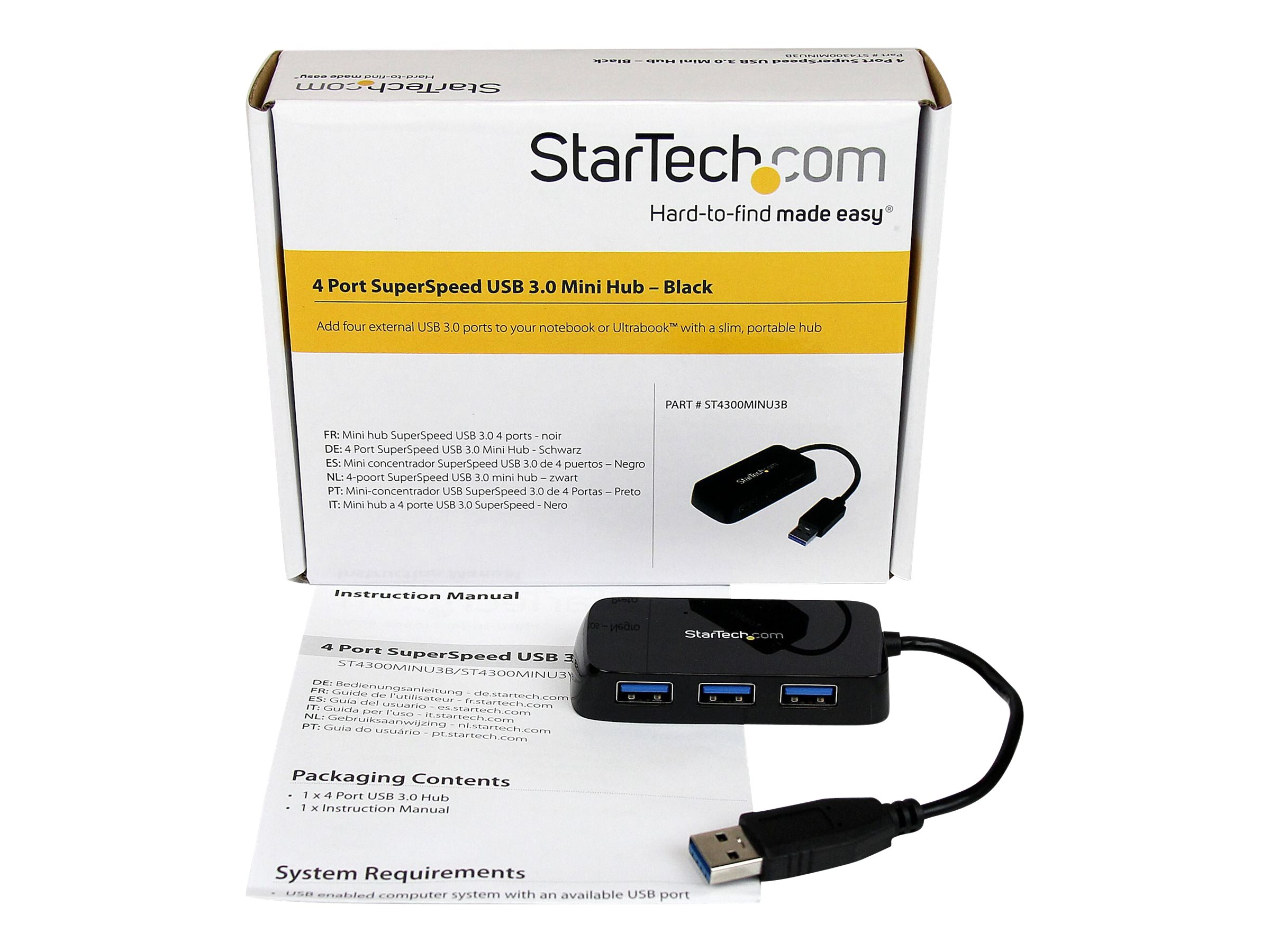 StarTech.com 4 Port USB 3.0 SuperSpeed Hub - Schwarz - Portabler externer Mini USB Hub mit eingebautem Kabel - Hub - 4 Anschlüsse