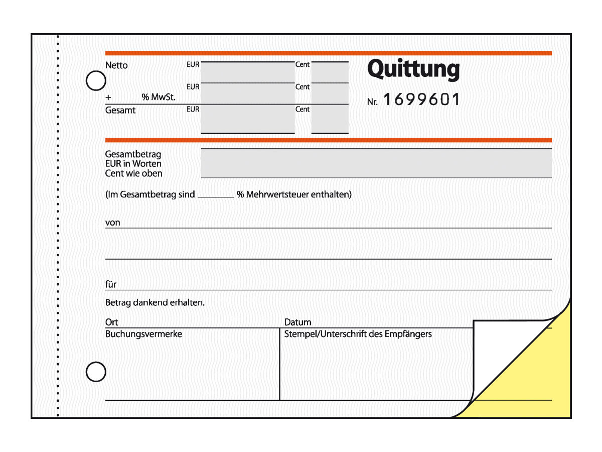 SIGEL Quittung mit MwSt separat ausgewiesen, mit fortlaufenden Nummern Formularbuch SD121, 1 St