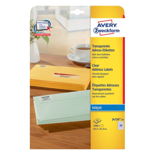1.200 AVERY Zweckform Folien-Adressetiketten J4720-25 transparent 45,7 x 21,2 mm