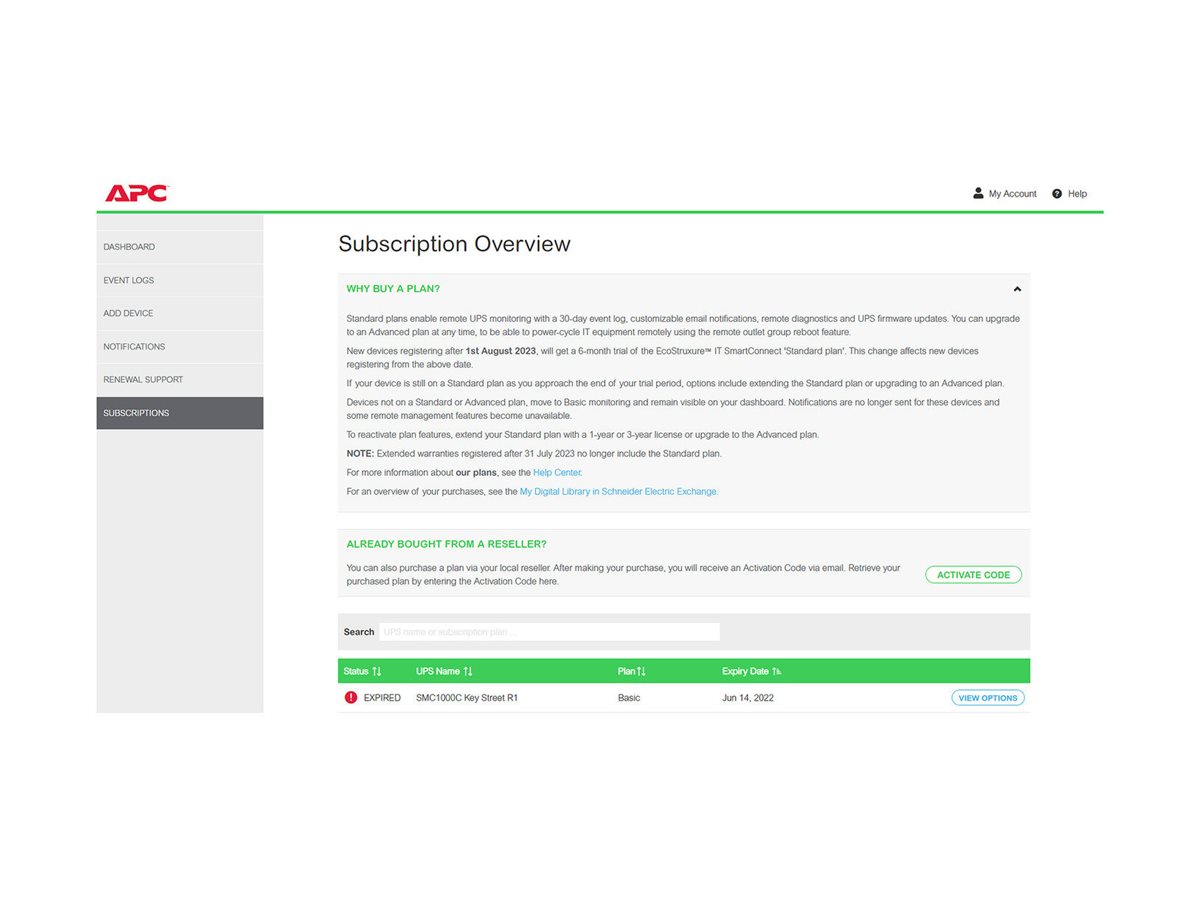 APC 1-UPS Standard 1Y Plan Smart Connect