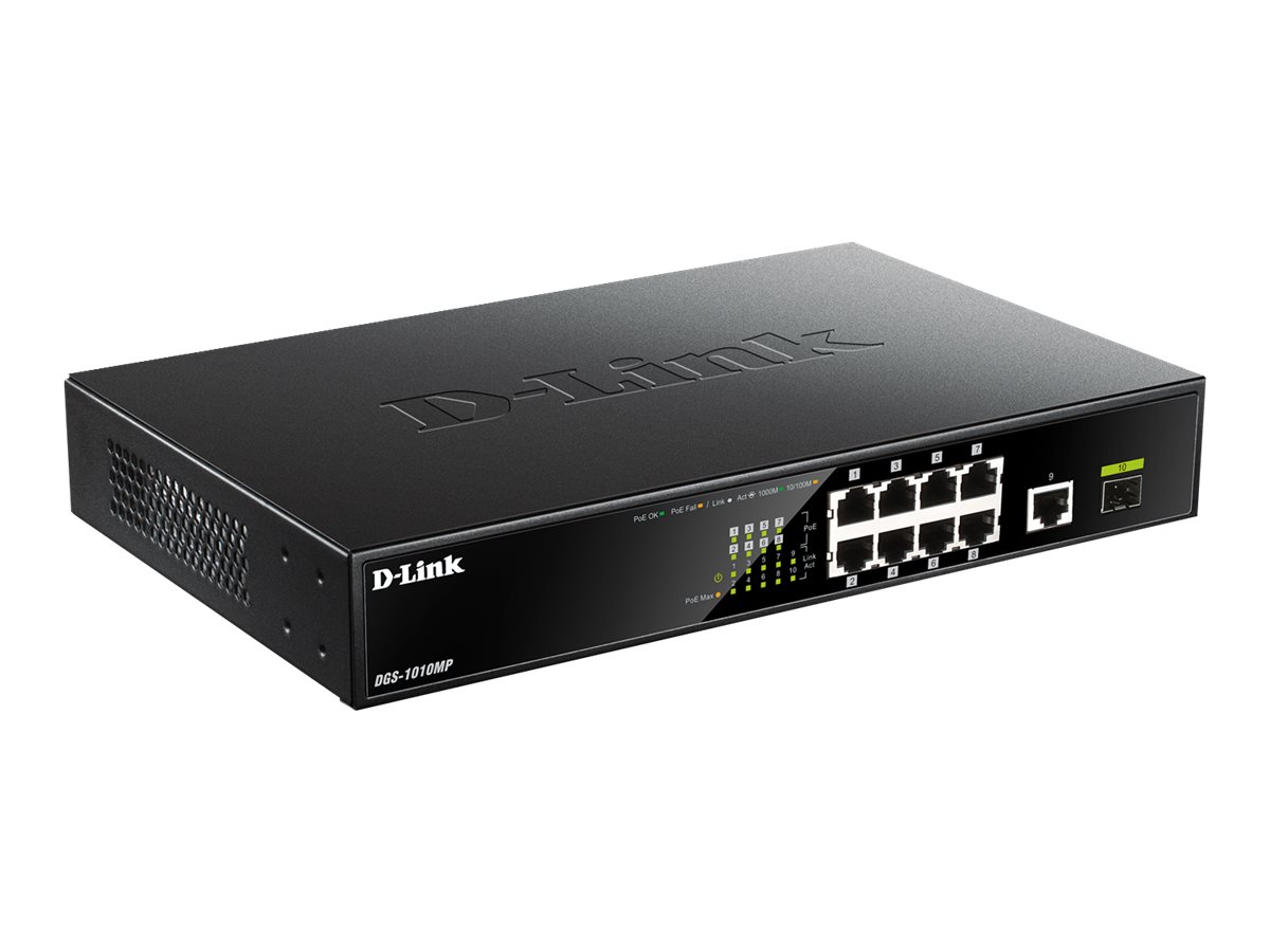 DLINK DGS1010MP 10Port Layer2 PoE Gigabit Switch 8x 101001000 Mbps PoE 1x 101001000 Mbps 1x SFP PoE Power Budget 125W