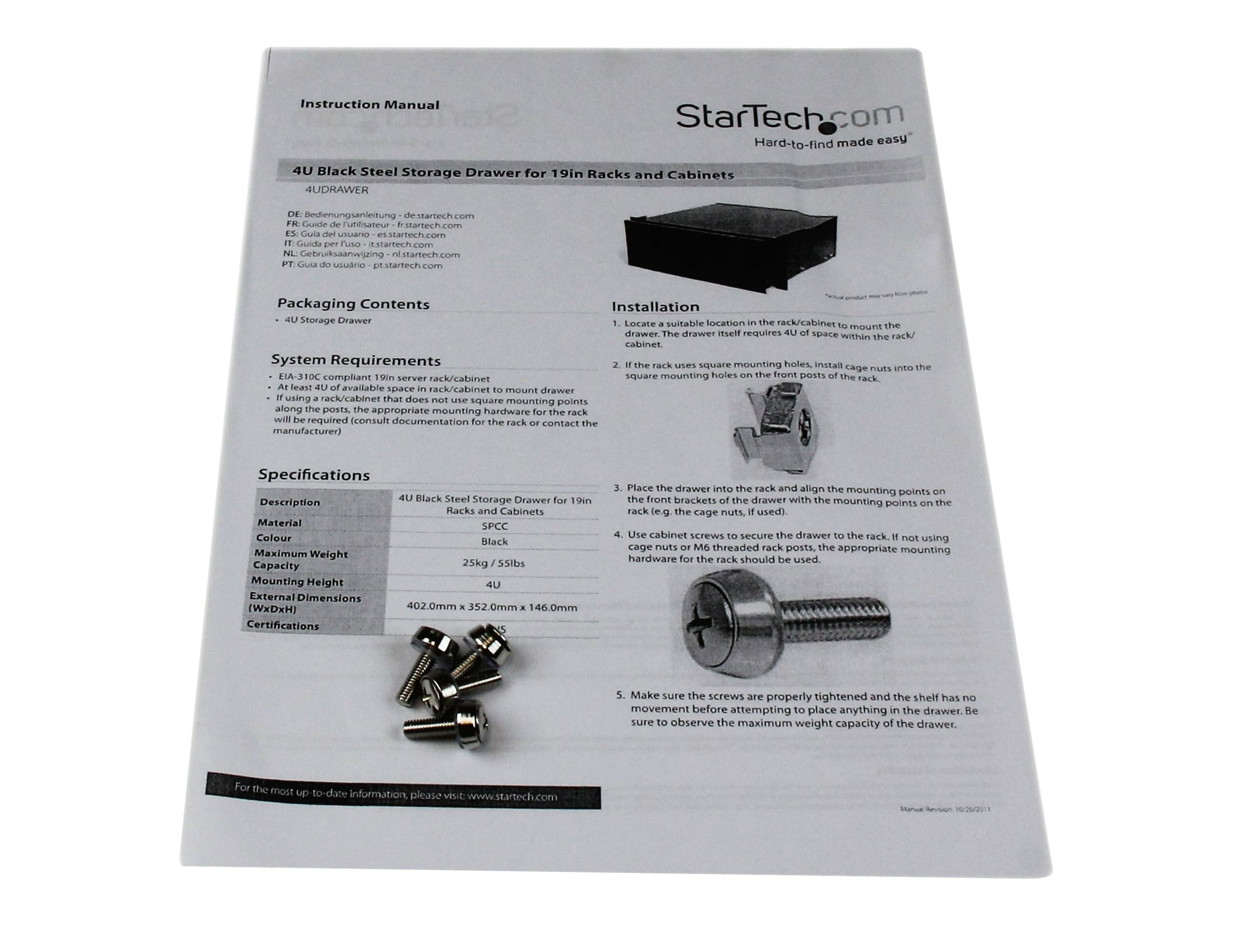 STARTECH.COM 4HE Rackschublade aus Stahlblech in Schwarz - Schublade für 19 Zoll Rack oder Serverschrank