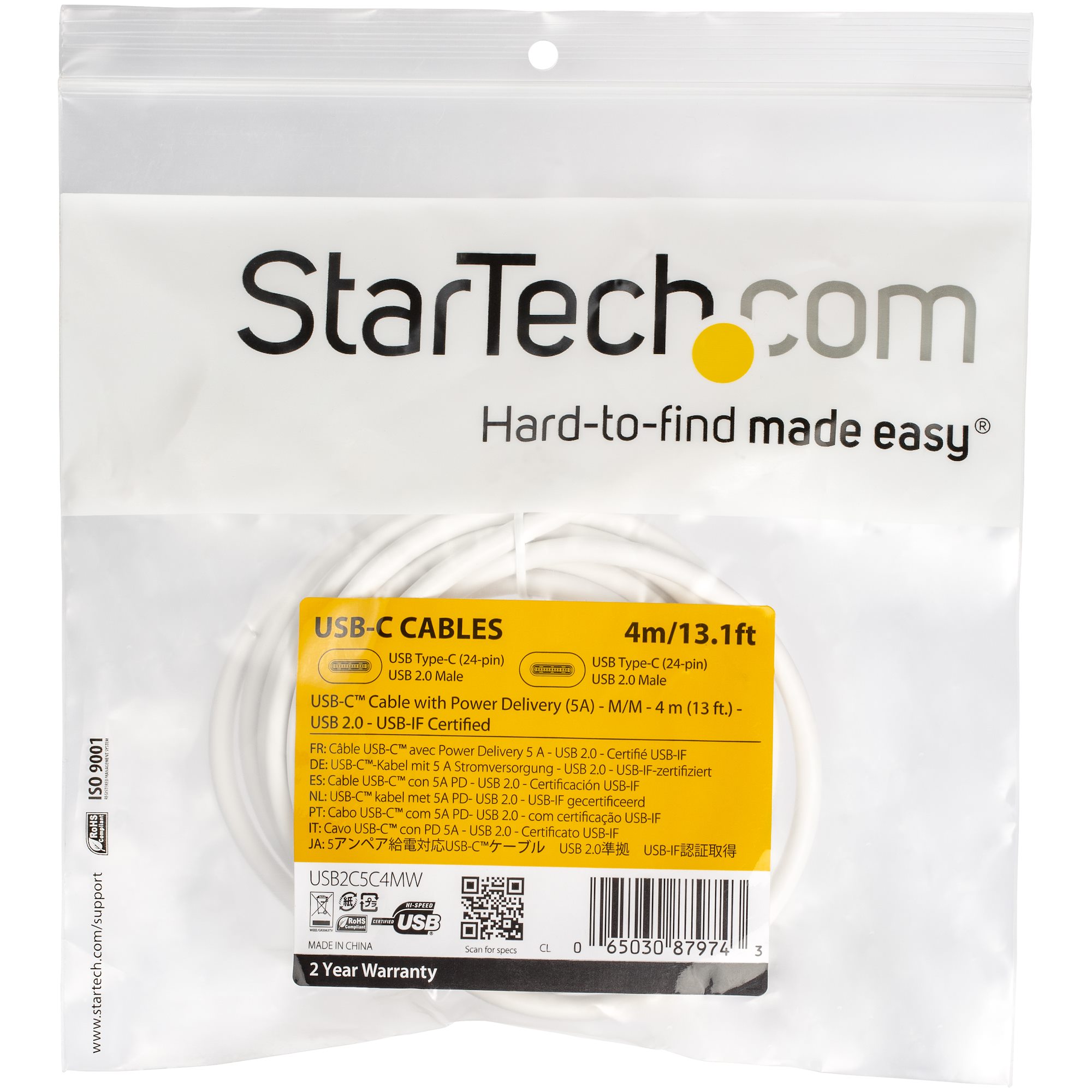 STARTECHCOM USBC auf USBC Kabel mit 5A Power Delivery StSt Weiss 4m USB 20 USBIF zertifiziert USB Typ C Kabel
