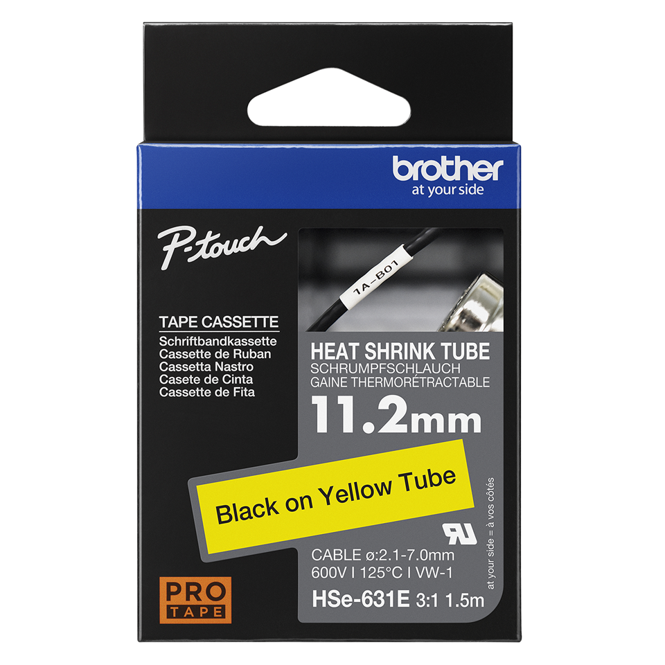 Brother HSe-631E Schrumpfschlauch 11,2 mm Schwarz auf Gelb