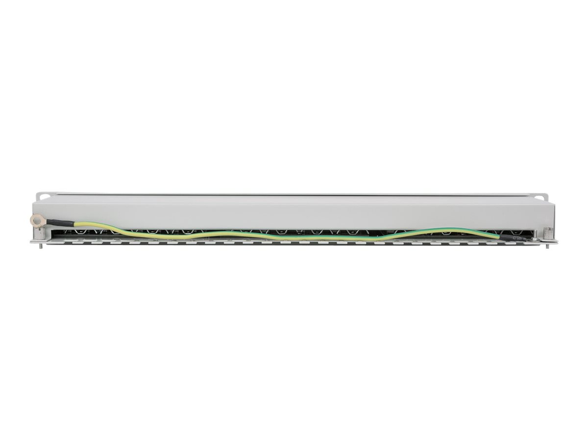 INTELLINET 24-Port Cat6a Patchpanel geschirmt 24 Ports FTP 1 HE Klemmleisten mit 90 Grad abgewinkelten Kabeleinfuehrungen grau