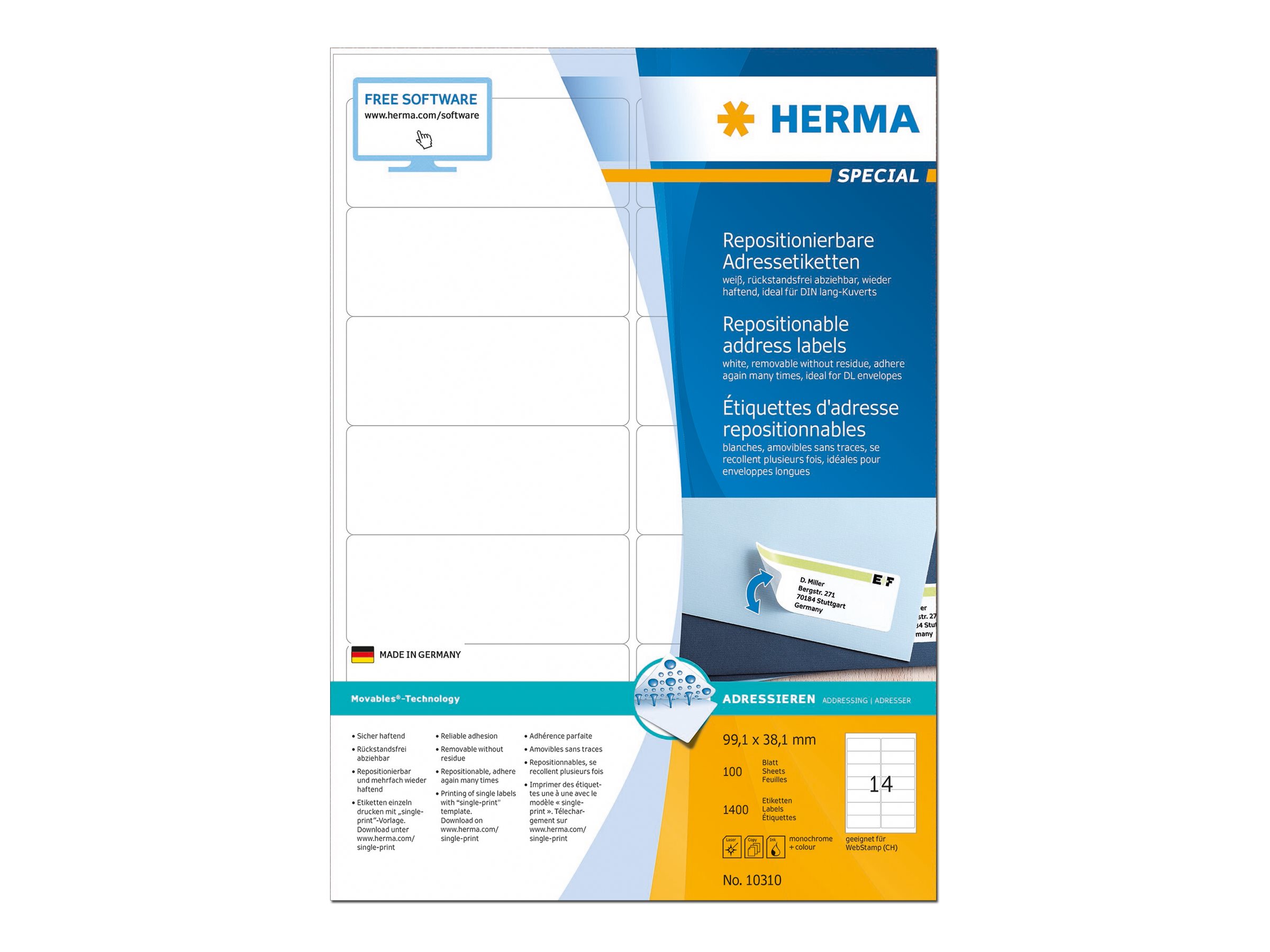 HERMA Adressetiketten 10310 weiß 99,1 x 38,1 mm, 100 Blatt