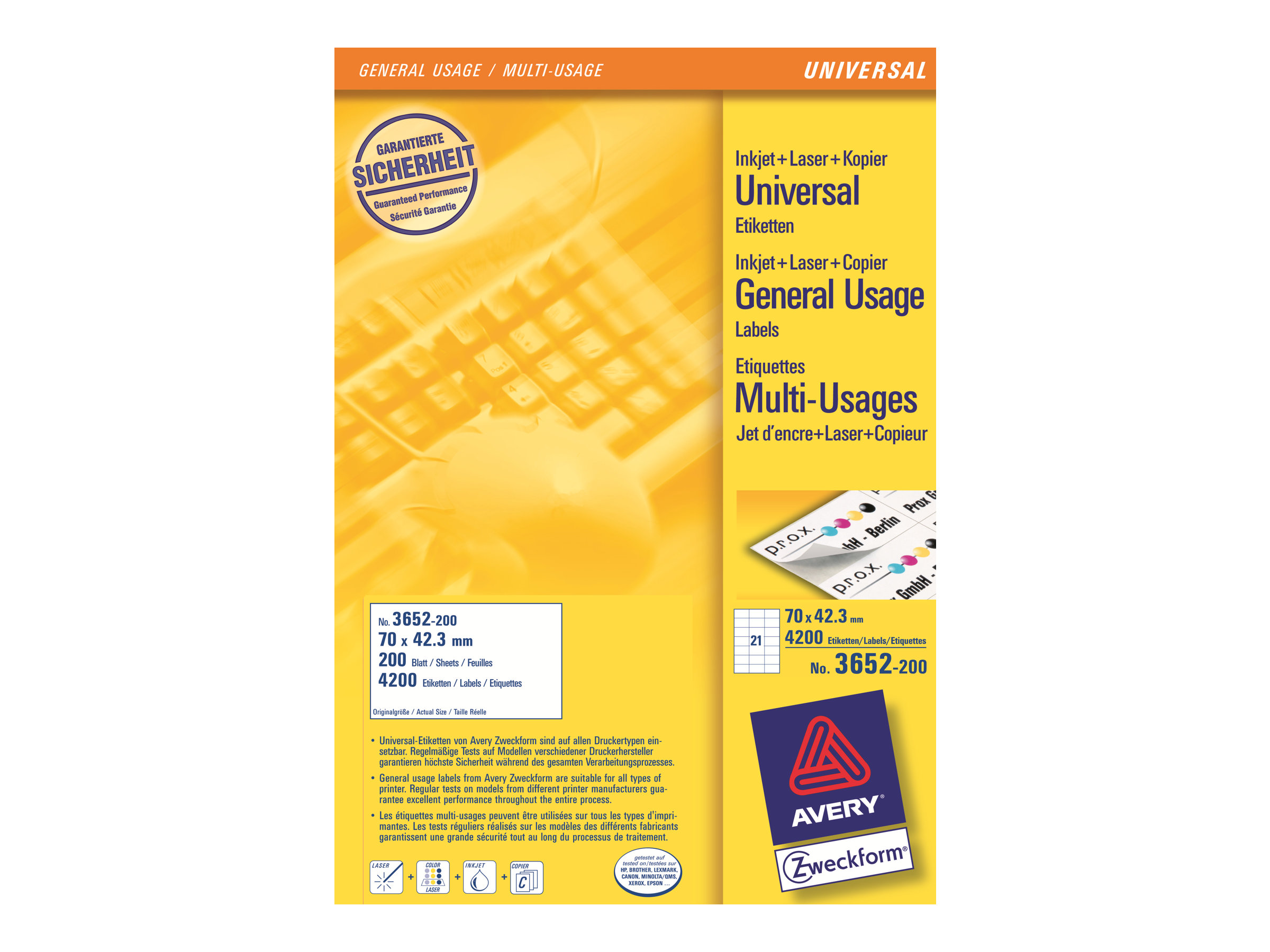 4.620 AVERY Zweckform Etiketten 3652-200 weiÃ 70,0 x 42,3 mm