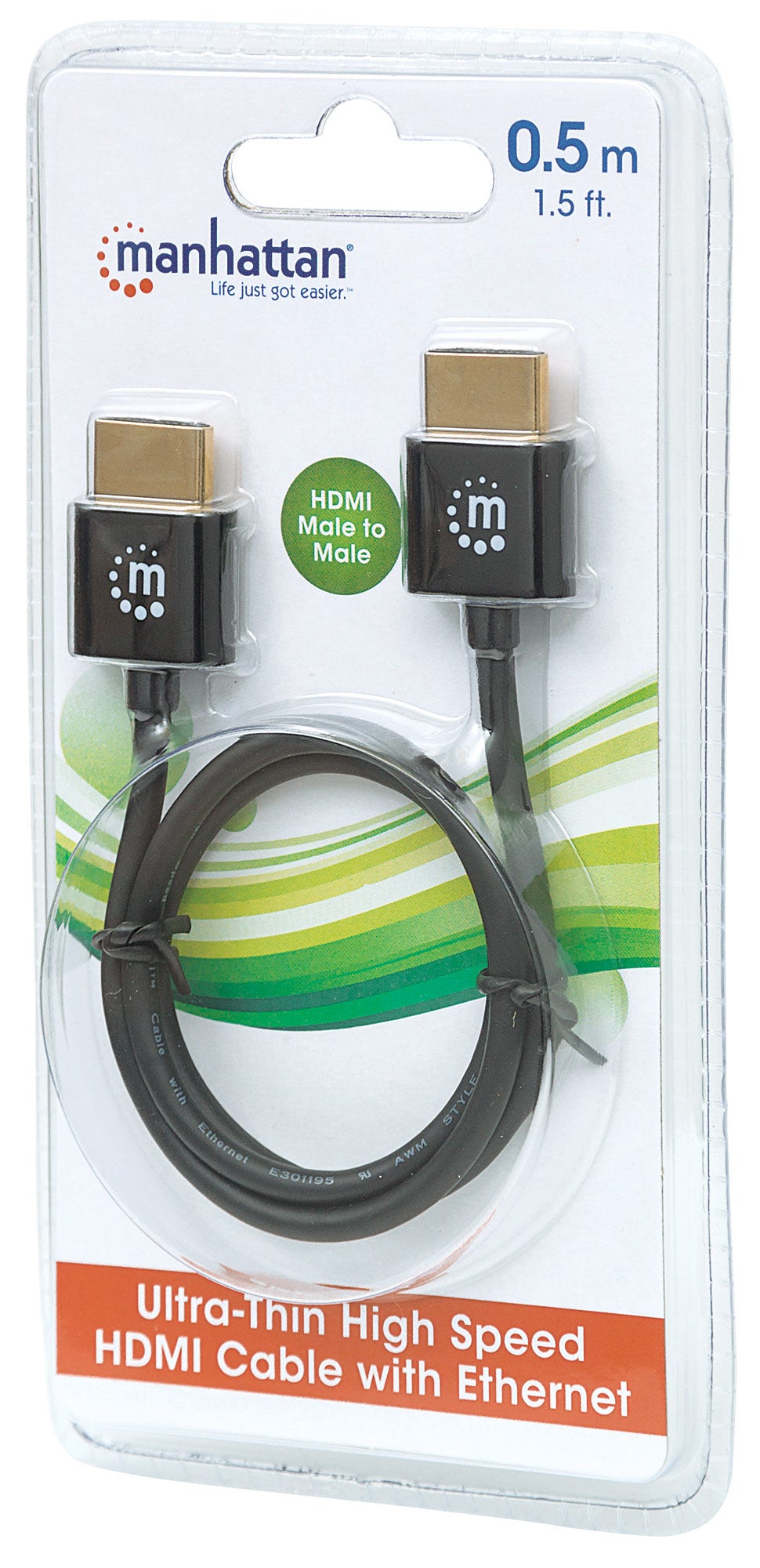 MANHATTAN High Speed HDMI Kabel 0,5m ultra duenn mit EthernetKanal 4K UHD Aufloesung mit 60Hz 3DVideo