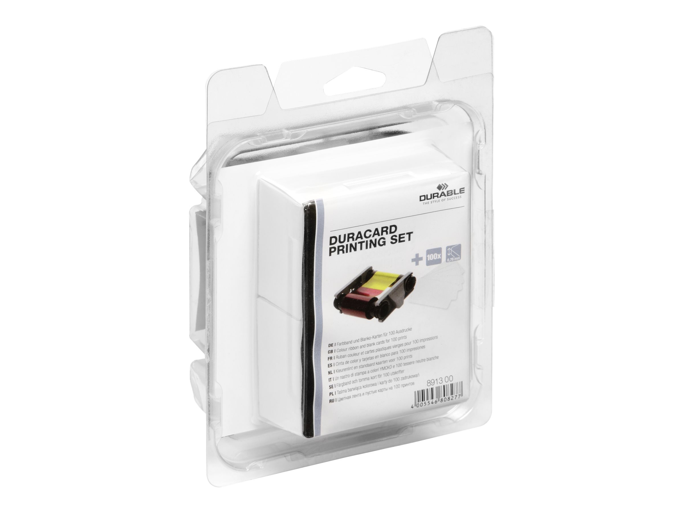 DURABLE YMCKO-Farbband und 100 Plastikkarten (0,76 mm) mehrfarbig Farbband-Set